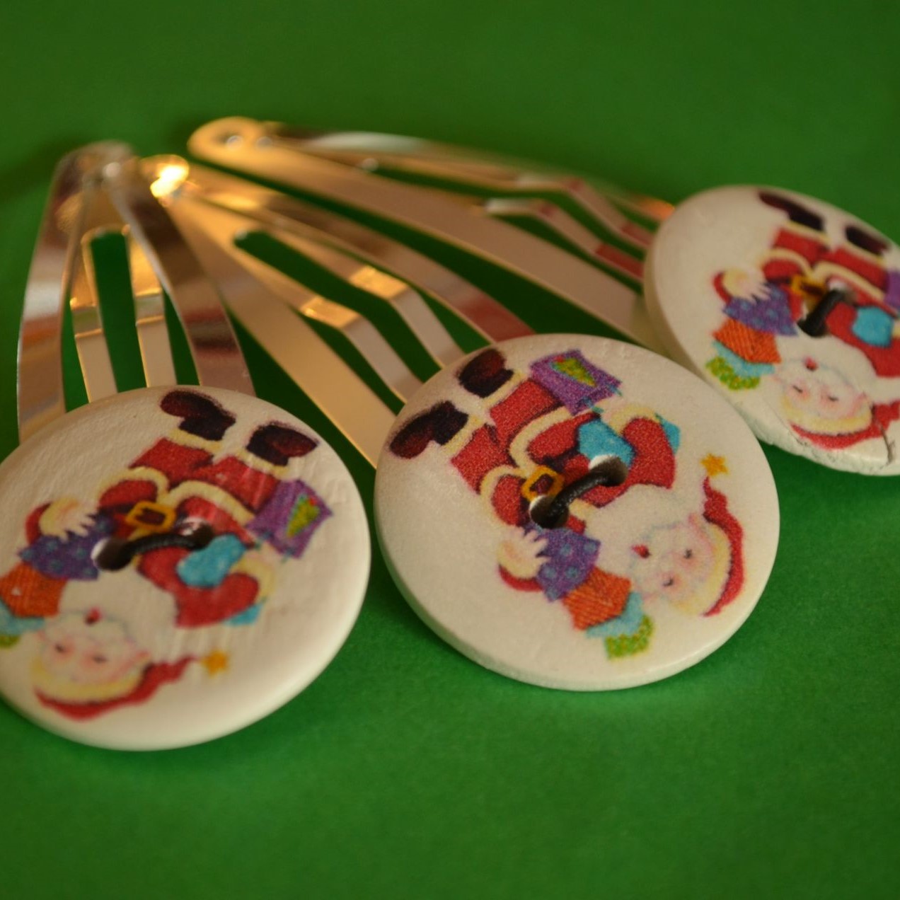 Santa Patterned Wooden Jumbo Christmas Button Hair Clips