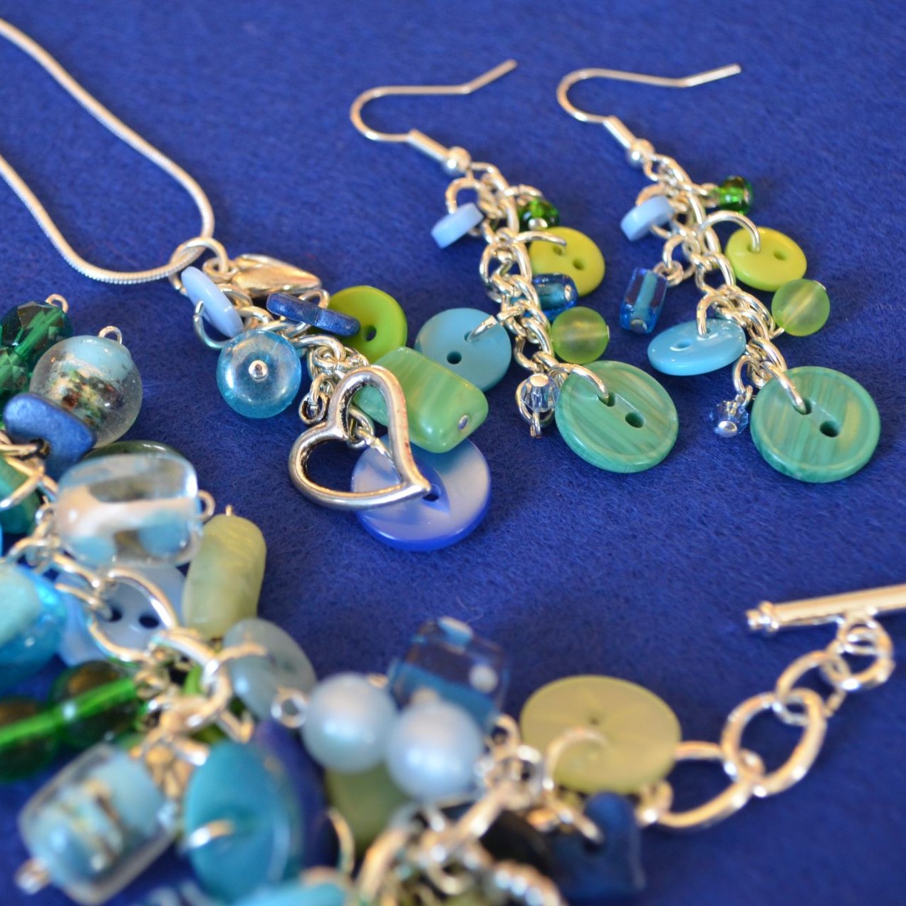 Green & Blue Button & Bead Earrings