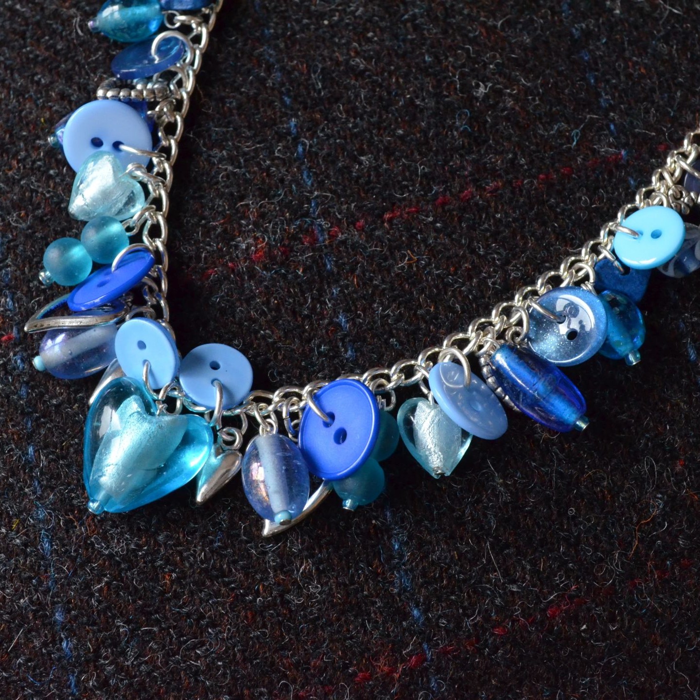 Blue Button, Bead & Charm Heart Necklace