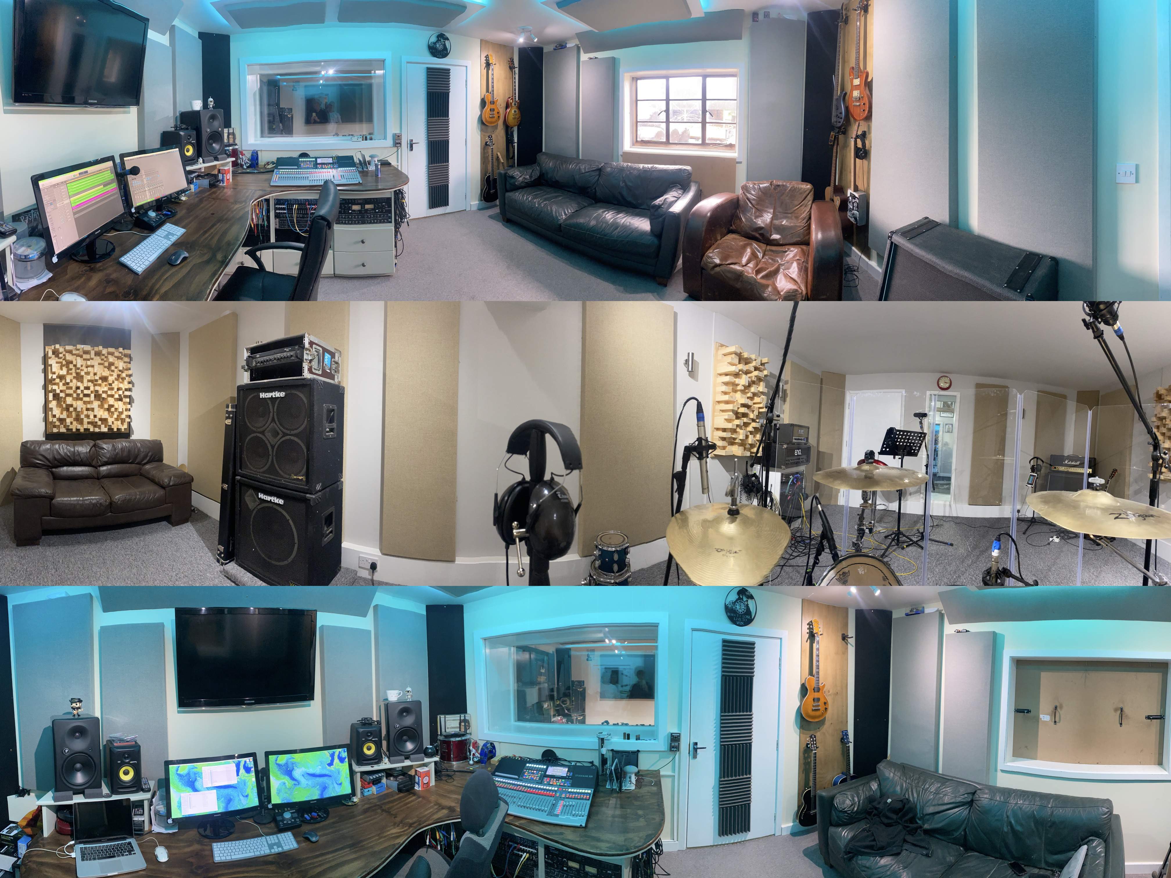 Pano shots of our 2 main rooms, including a peek into the tracking room above the console.