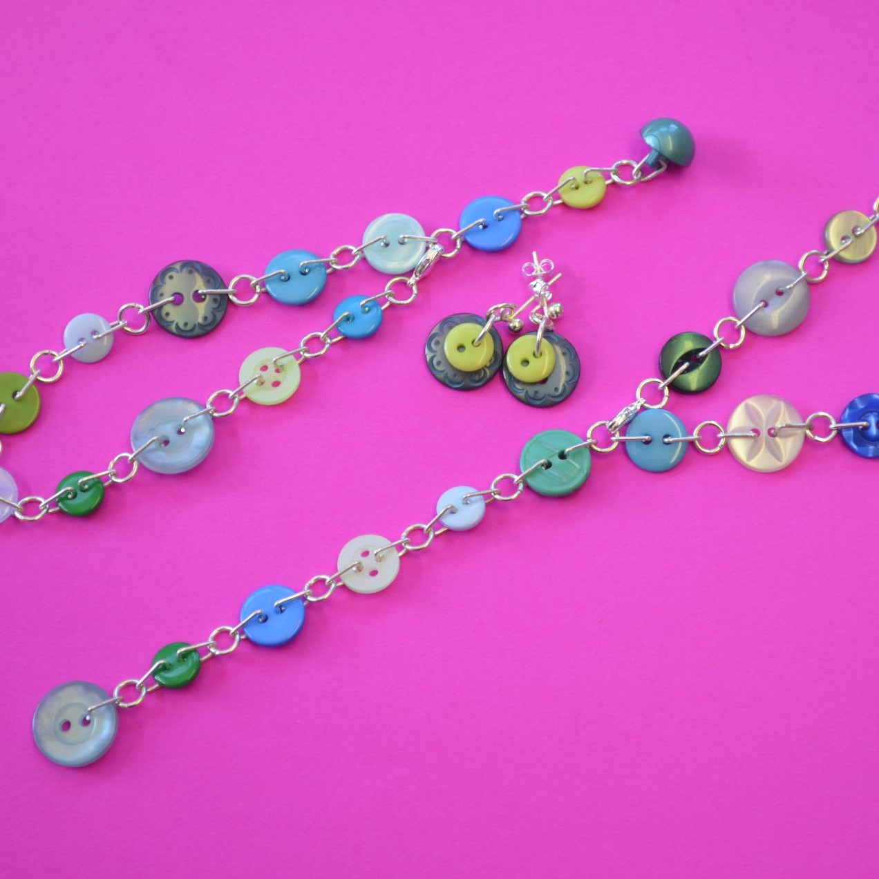 Green & Blue Button Chain Necklace
