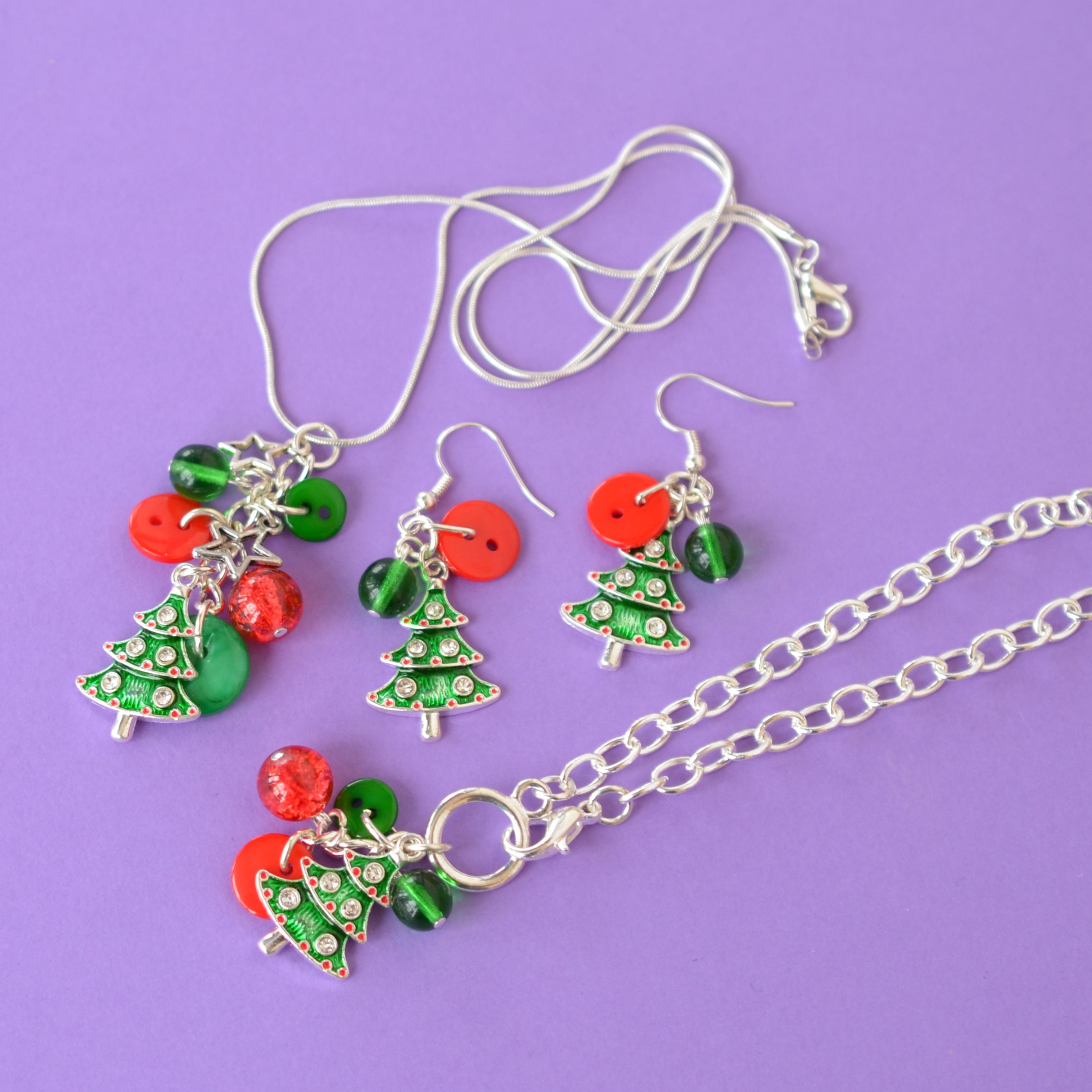 Red & Green Christmas Tree Cluster Button Charm Earrings