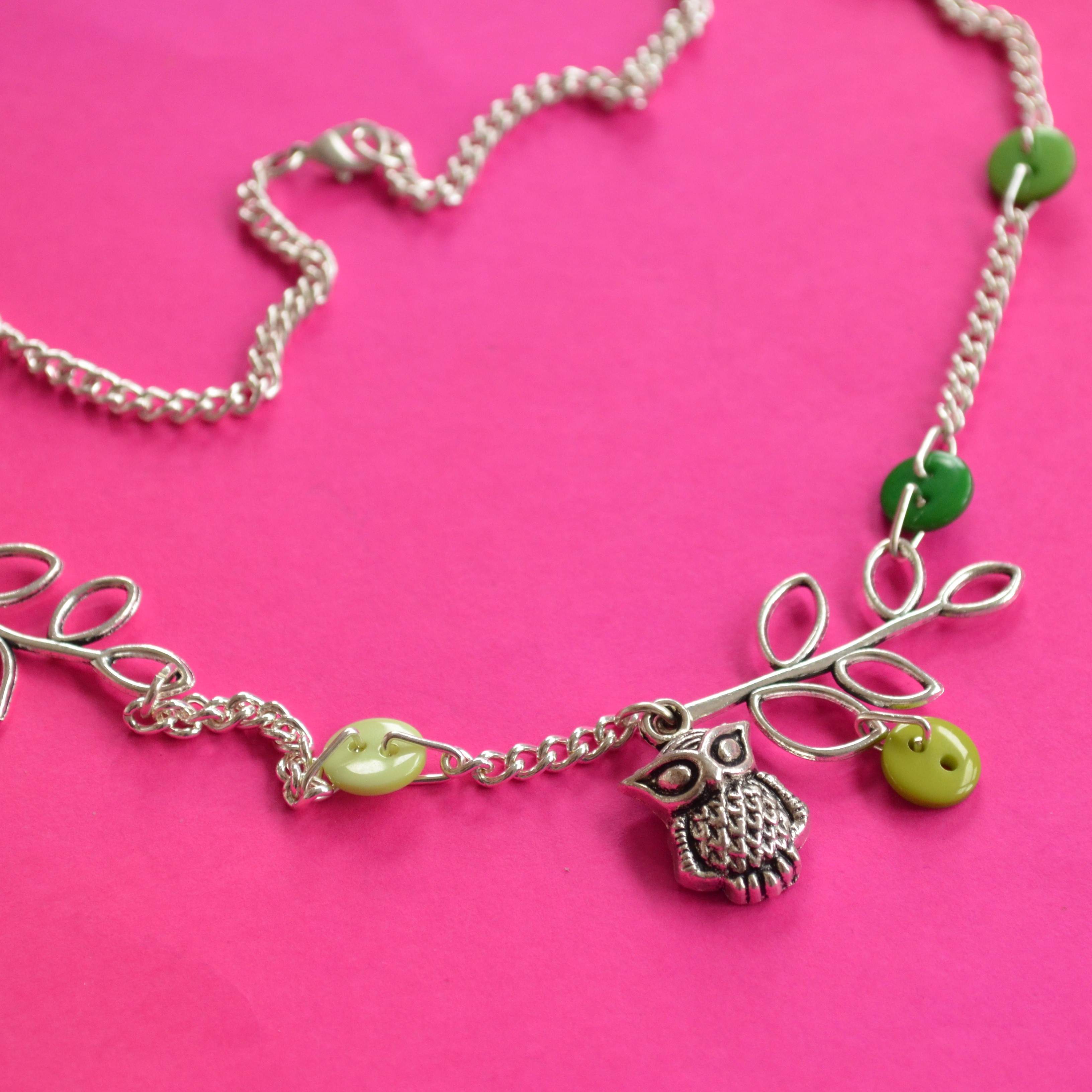 Green Owl & Leaves Necklace