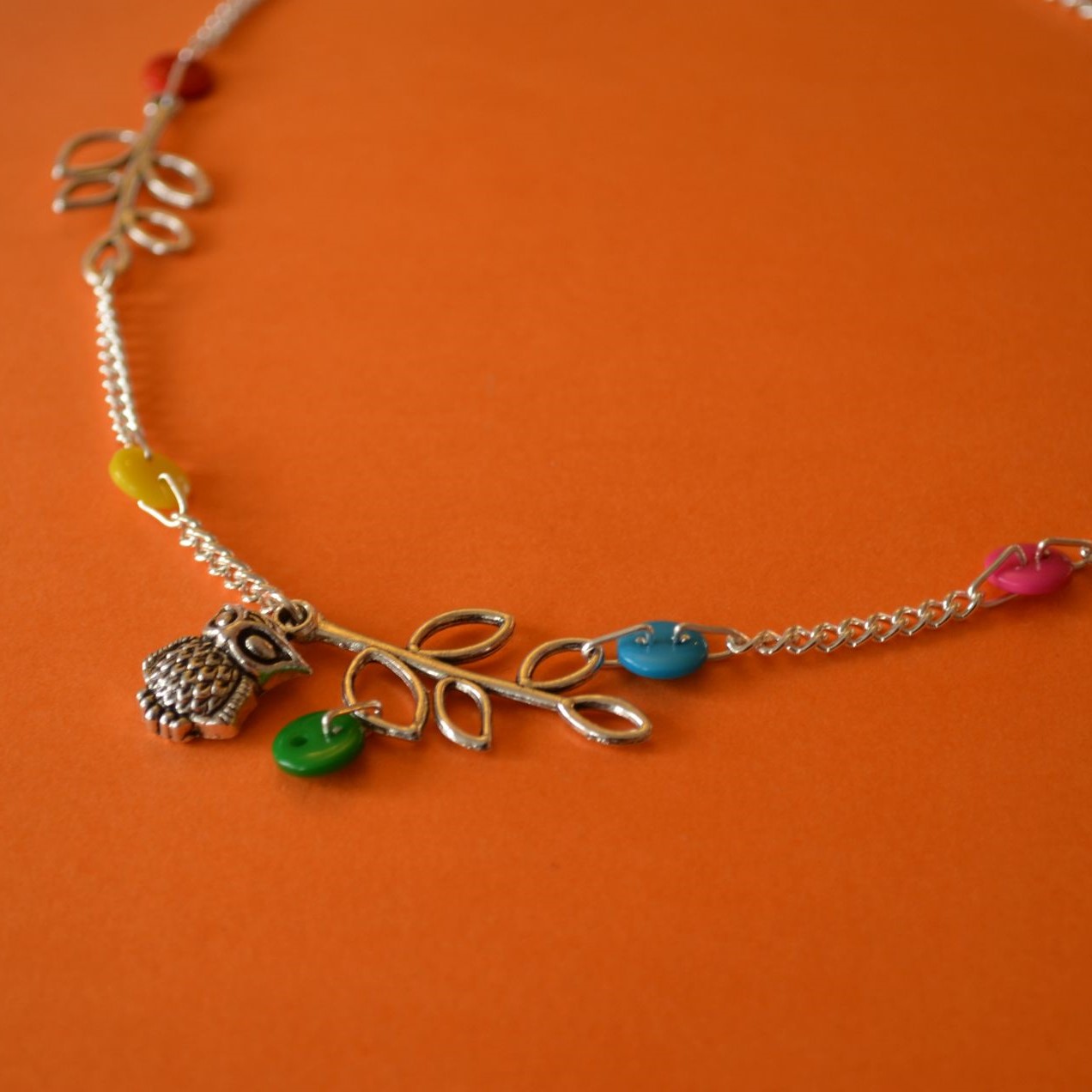 Rainbow Owl & Leaves Necklace