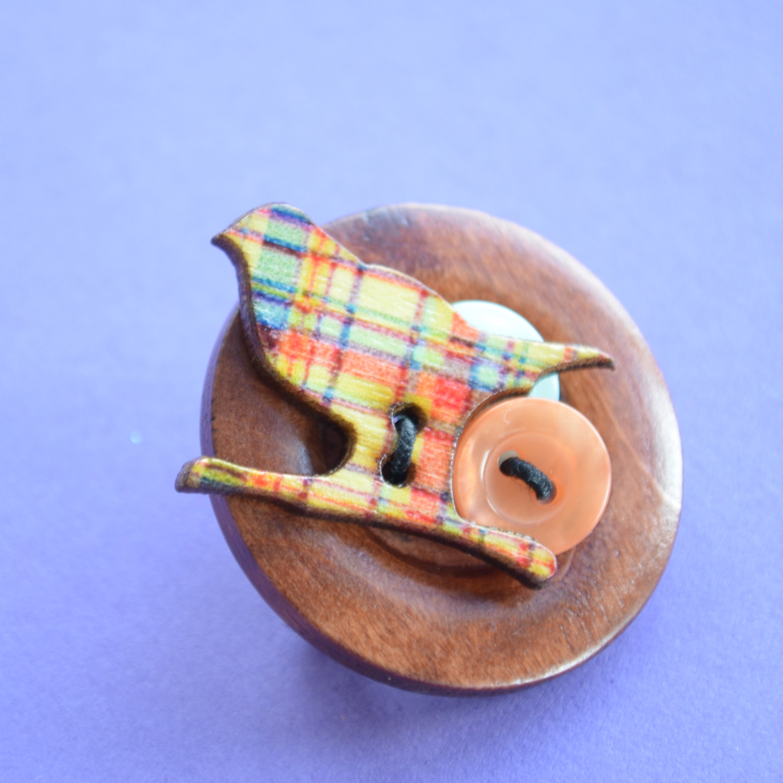 Bird Wooden Button Brooch