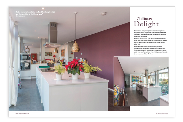 Sample Double Page Spread in the Bespoke Brochure for 56 New Hampton Court Lofts.