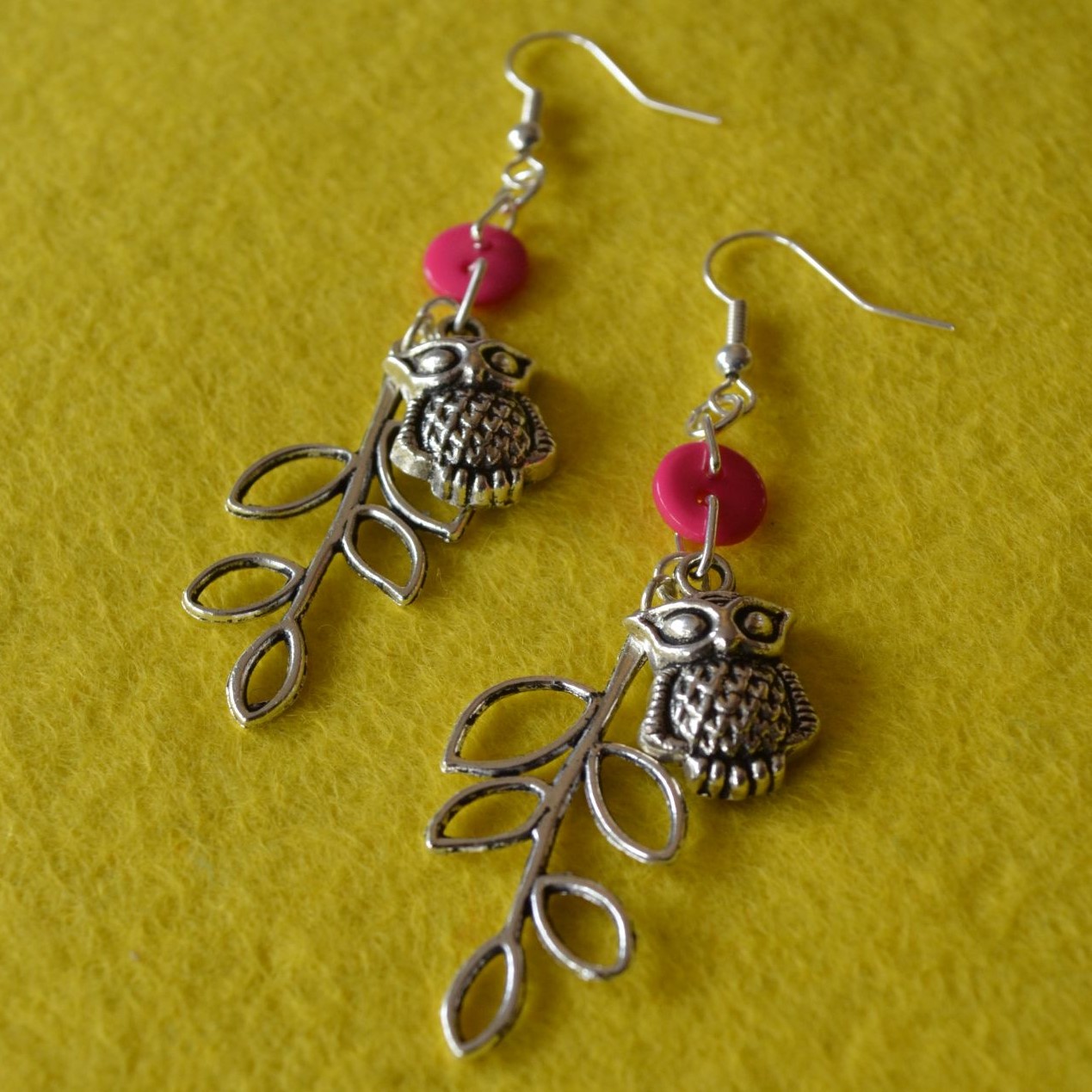 Pink Owl & Leaves Earrings