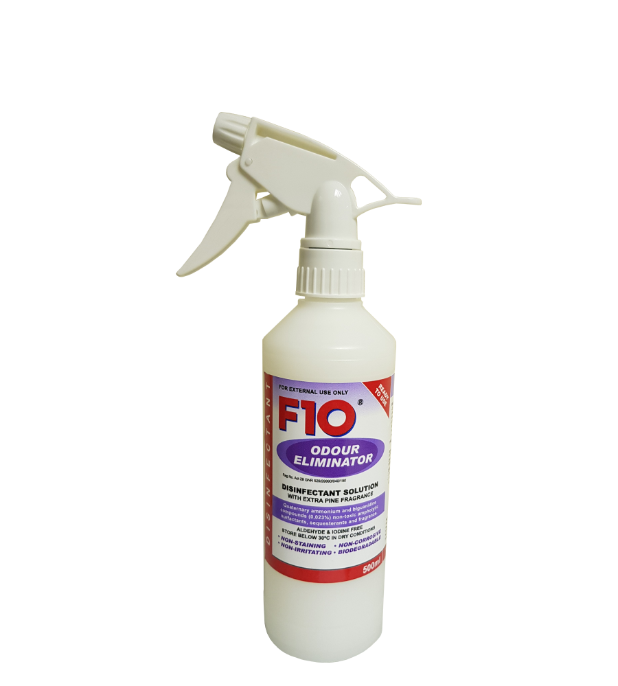 A bottle of F10 Odour Eliminator with spray