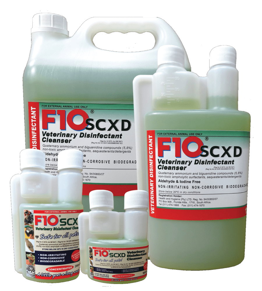 Bottles of F10SCXD Veterinary Disinfectant Cleanser