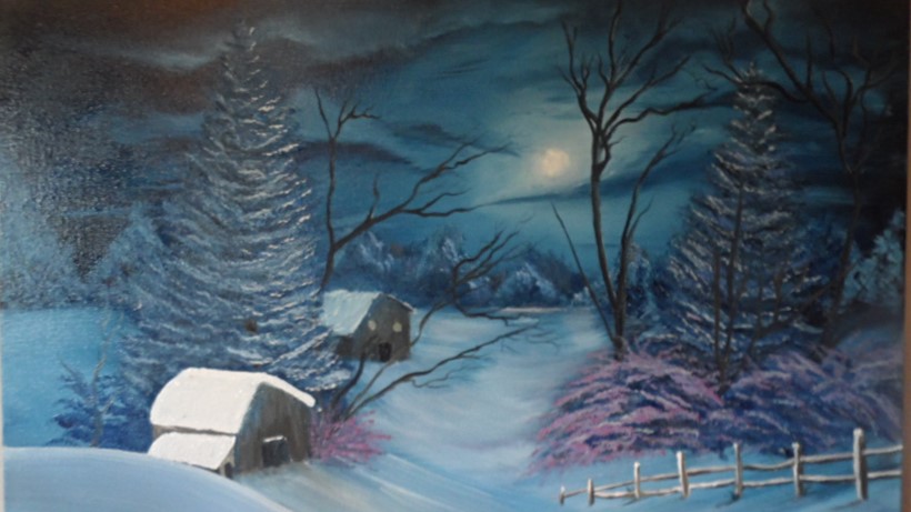 Snowy Cabin In The Woods Oil On Canvas 60x42x2cm