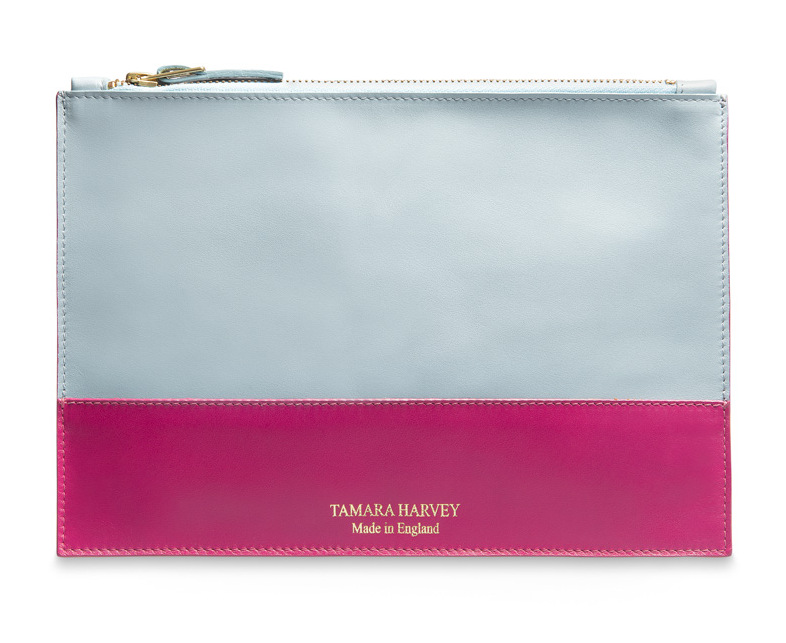 Duck Egg Blue and Hot Pink Leather Zip Pouch