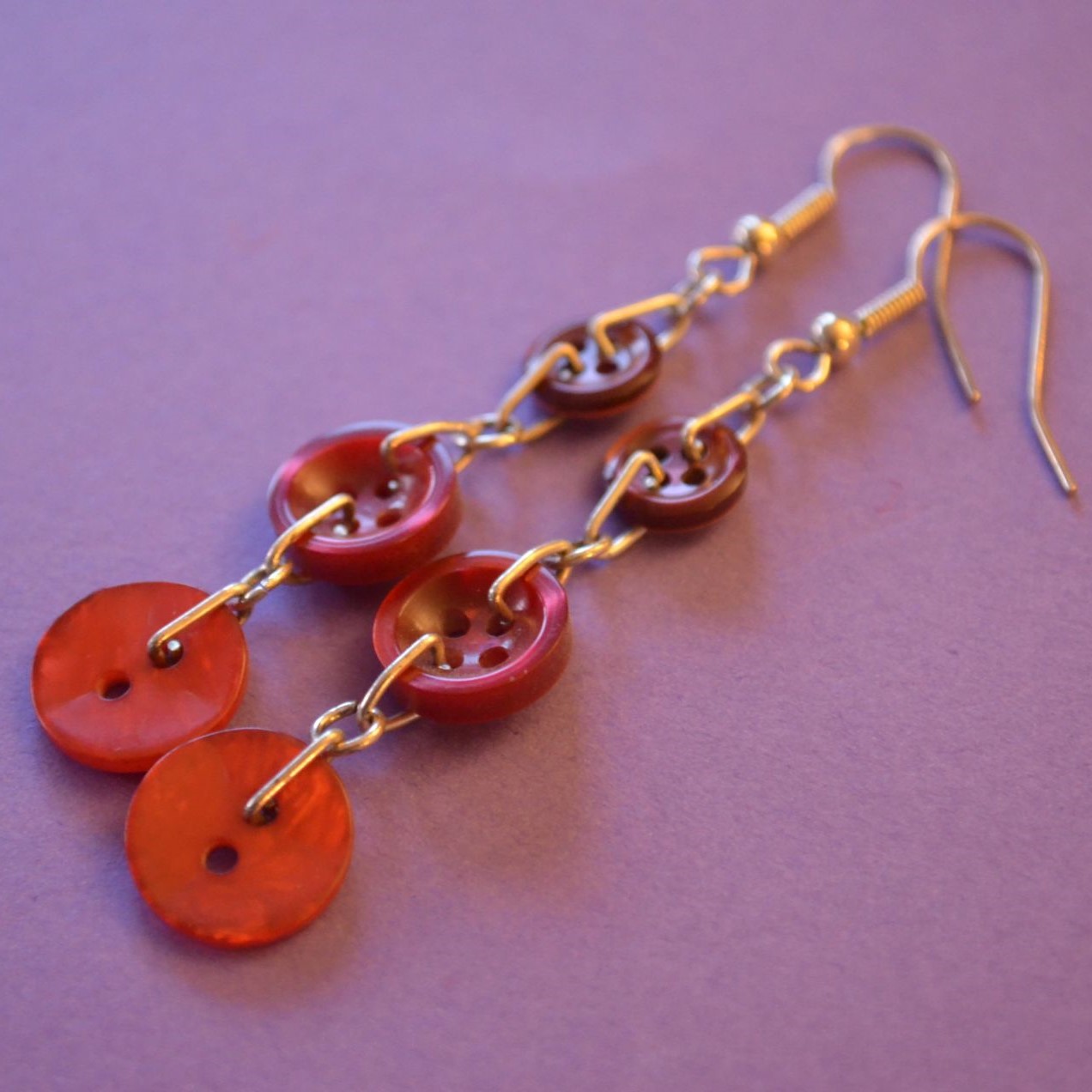 Red Button Chain Drop Earrings