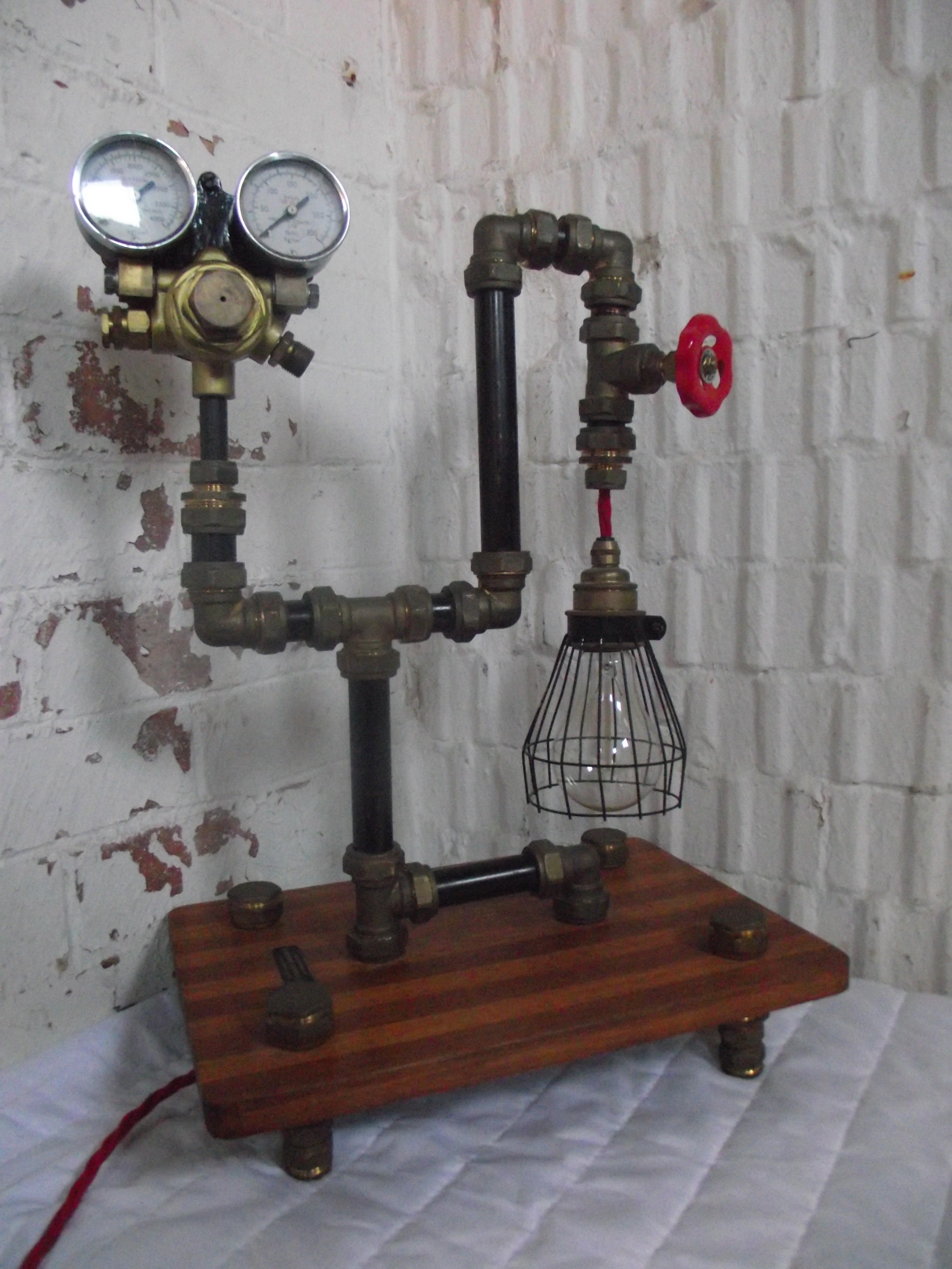 Mid Century Steampunk Double Pressure Gage Pipe Desk Lamp