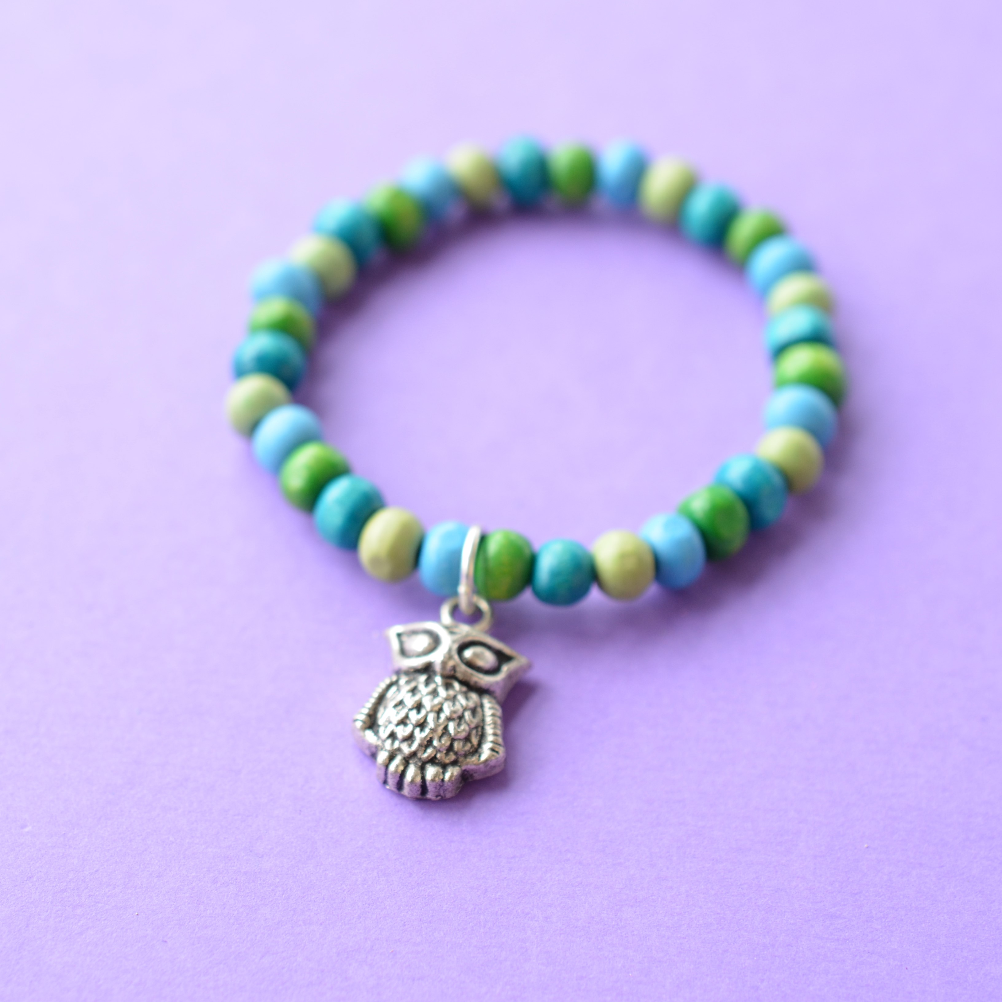 Colourful Child’s Wooden Bead Owl Charm Bracelet