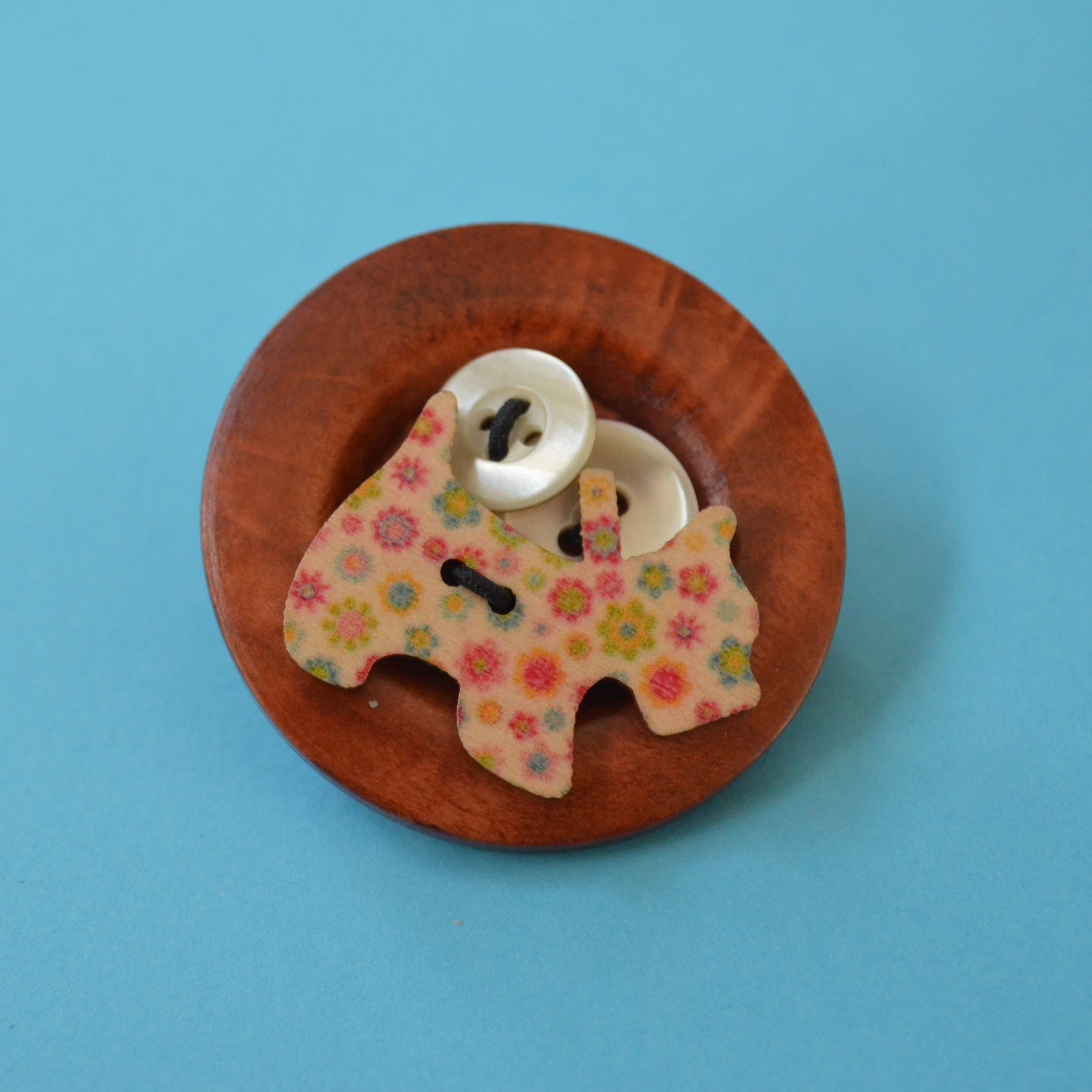 Floral Dog Wooden Button Brooch