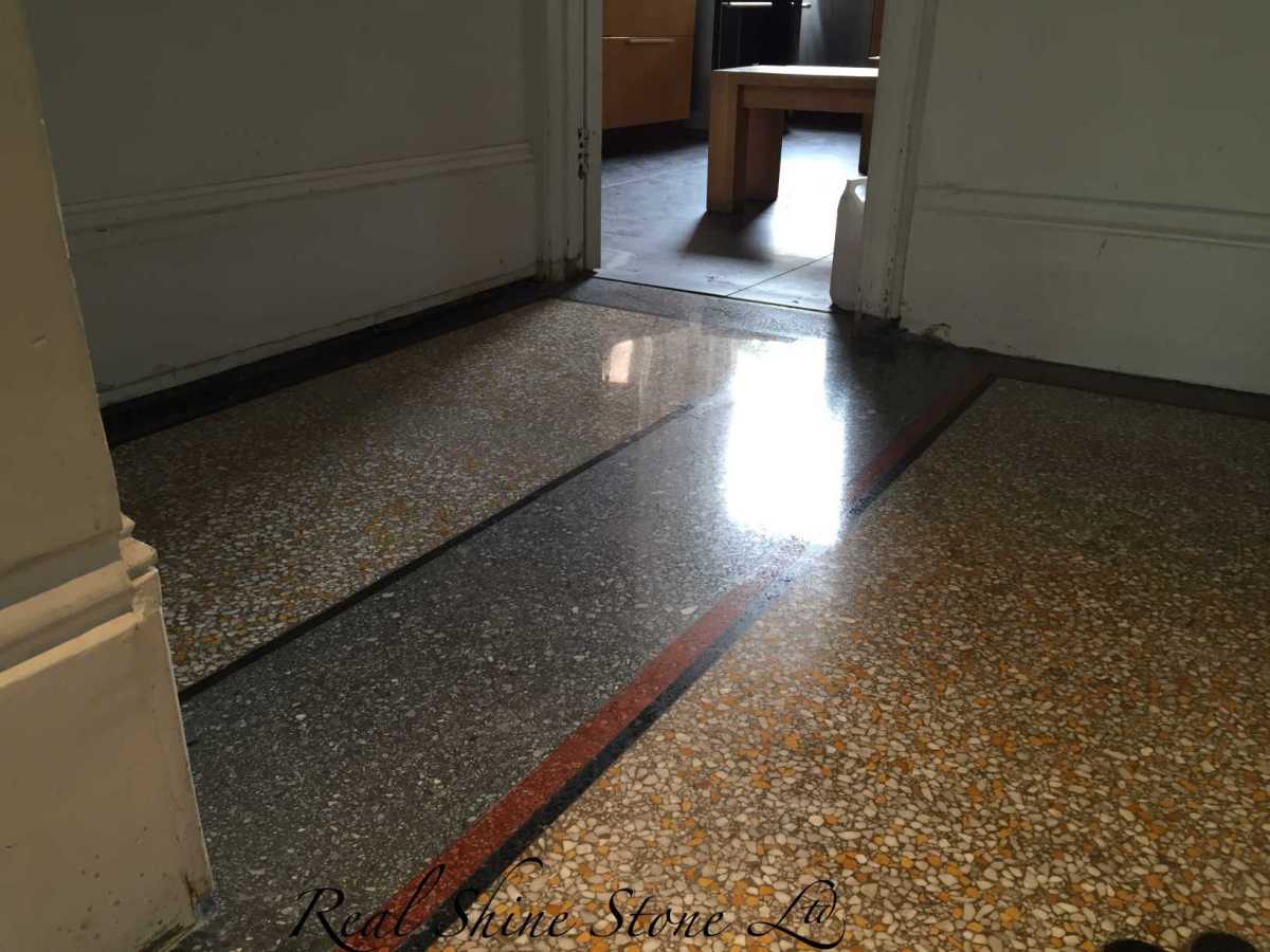 Poured terrazzo after grinding, polishing and sealing.