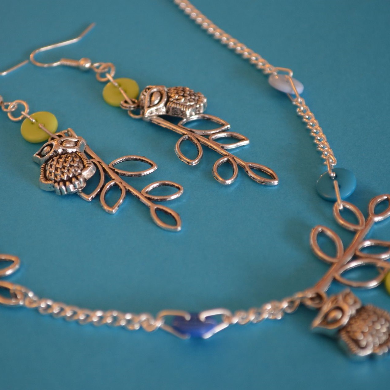 Green & Blue Owls & Leaves Necklace