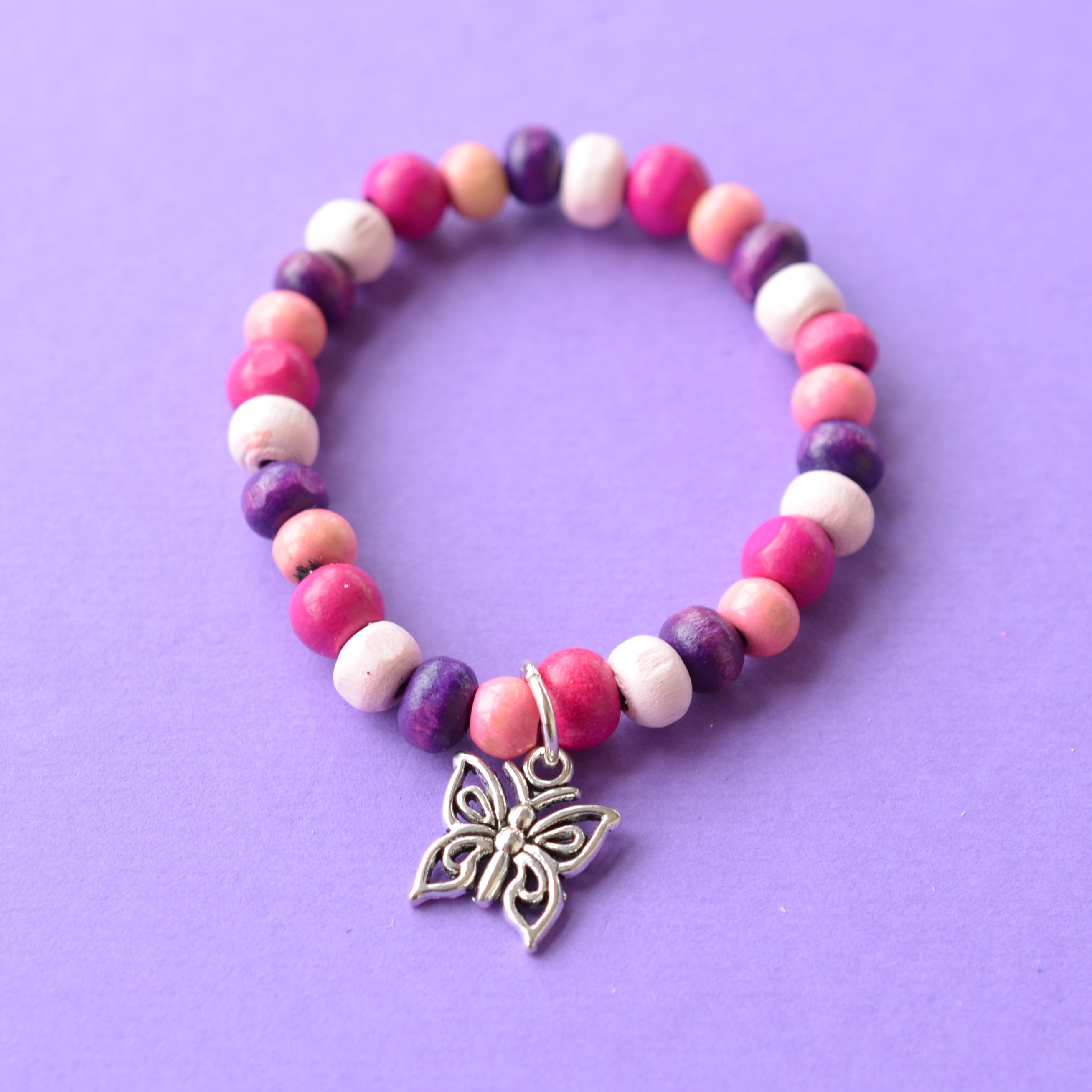 Butterfly Colourful Child's Wooden Bead Charm Bracelet
