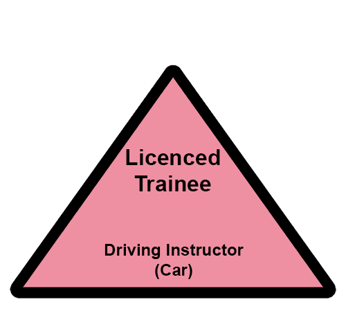 Black on pink triangular badgeof a Licenced Trainee driving instructor