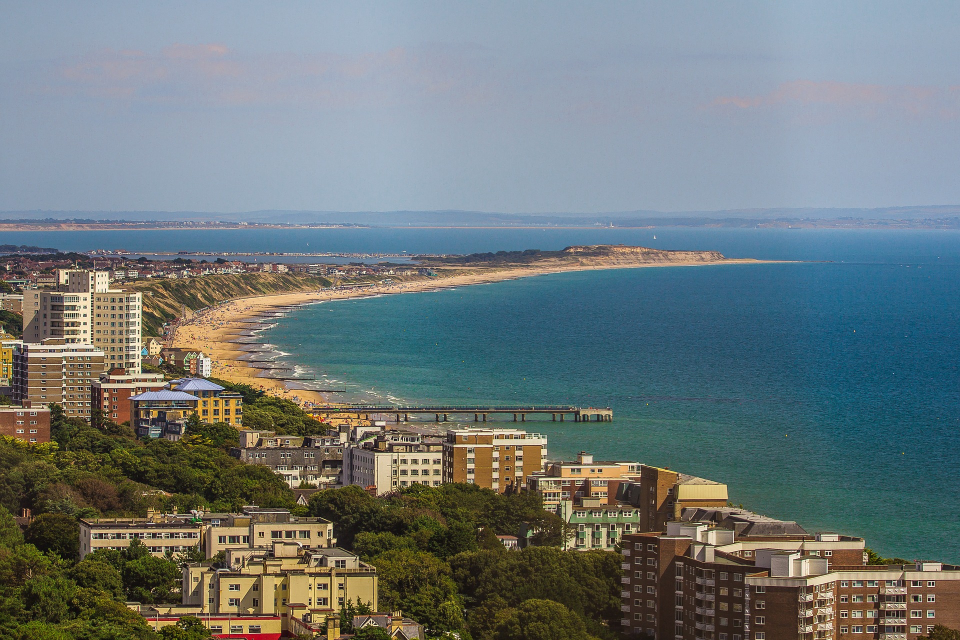 Bournmouth coastline from a high vantage point, looking east towards Boscombe pier.