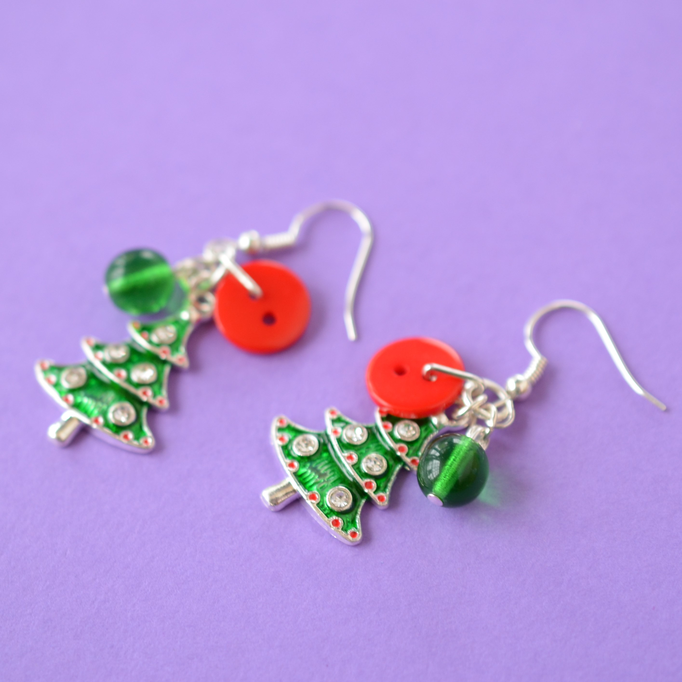 Red & Green Christmas Tree Cluster Button Charm Earrings