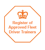 Orange on white octagonal badge of the register of DVSA Approved Fleet Driver Trainers