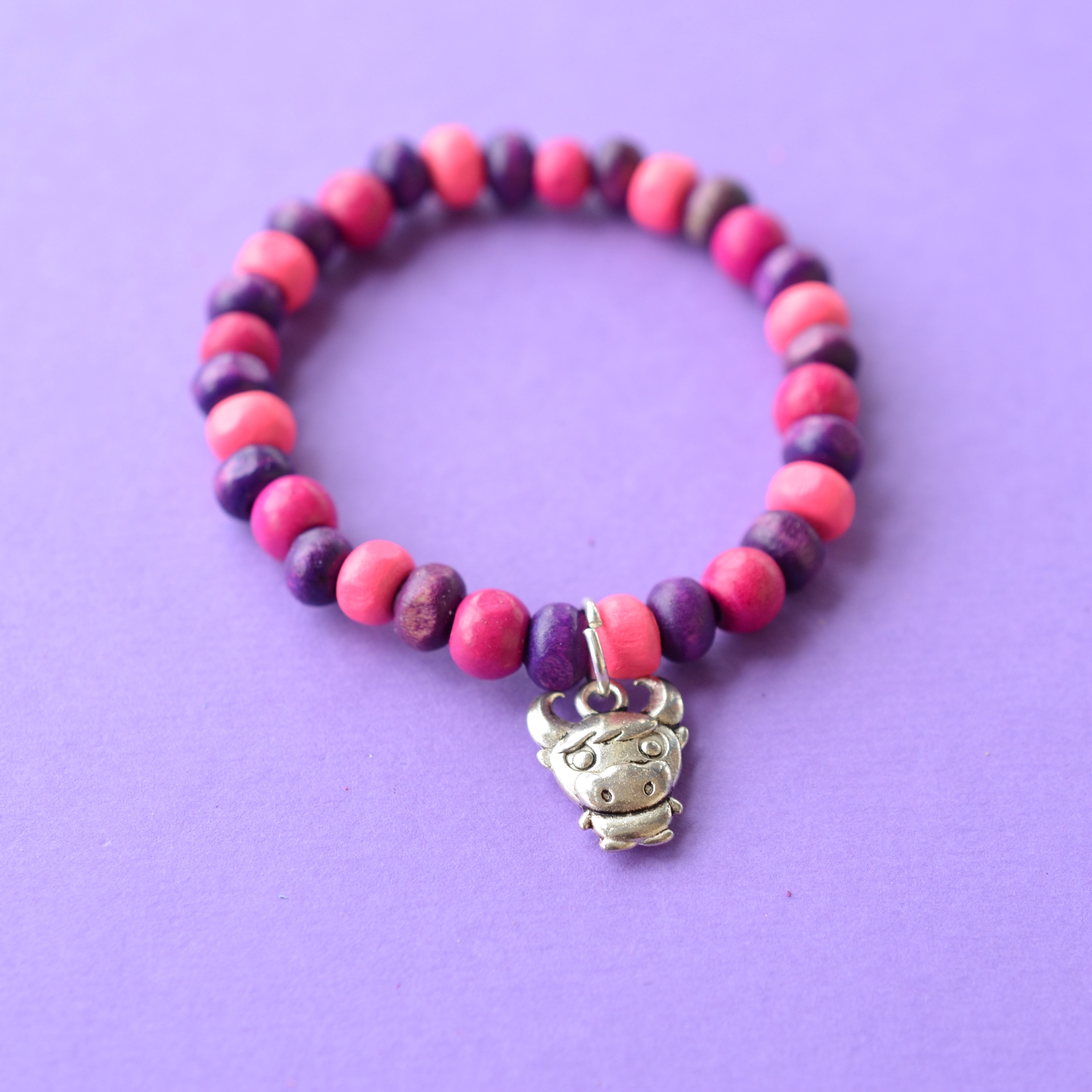 Highland Cow Colourful Child's Wooden Bead Charm Bracelet