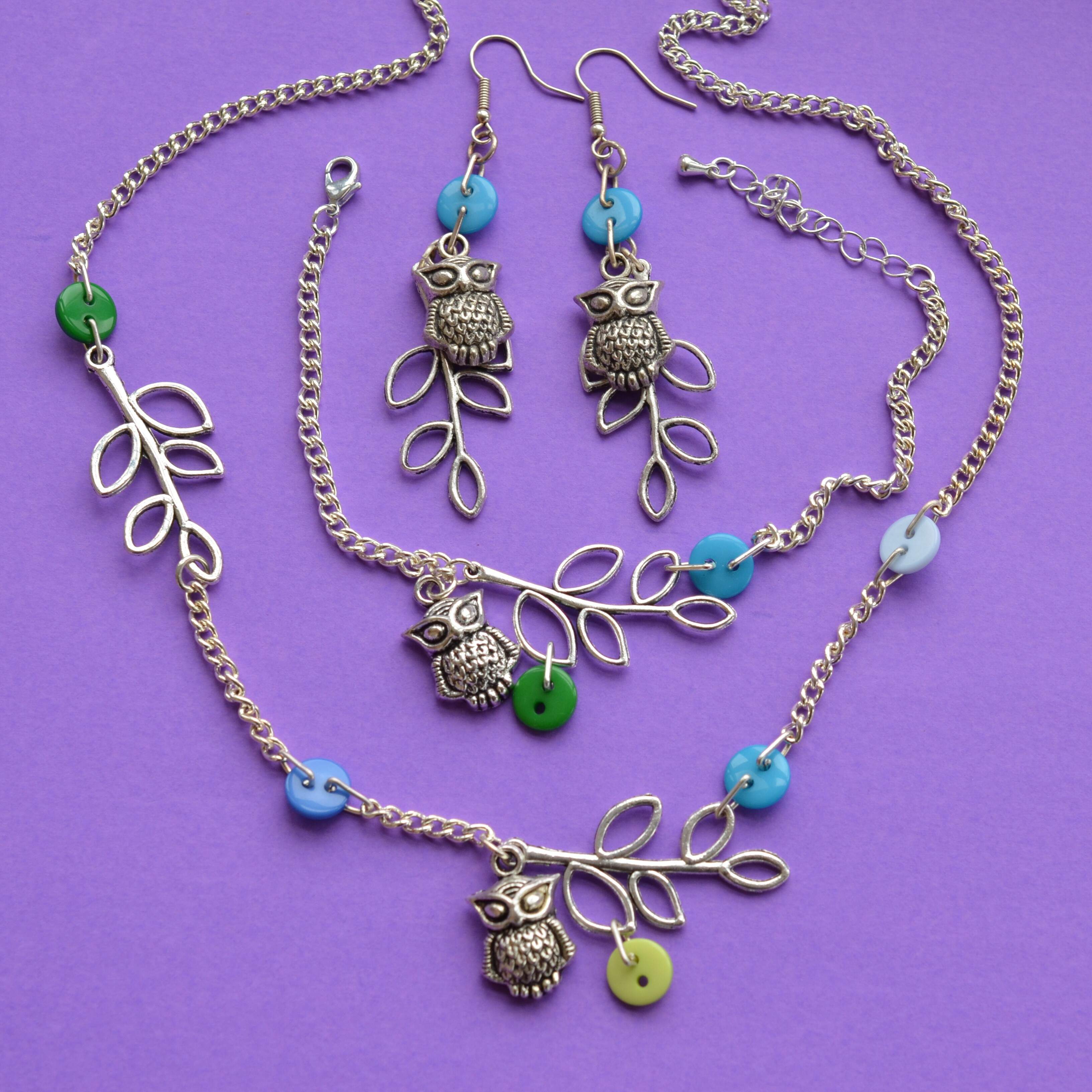 Rainbow Owl & Leaves Necklace