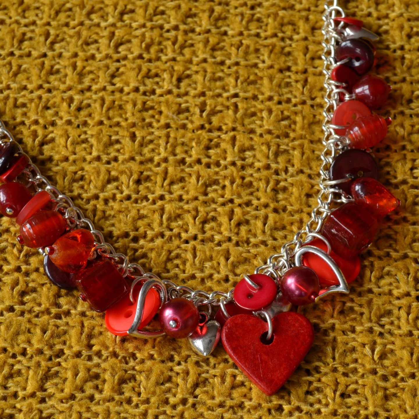 Red Button, Bead & Charm Heart Necklace