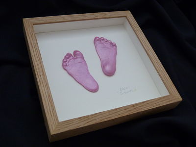 Pink baby girl footprint outprint imprints in solid wood frame by cast by Rachel Barker Casting