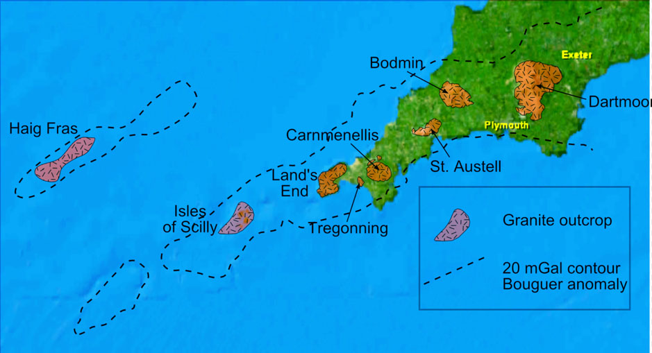 Map of cornwall showing extent  of granite