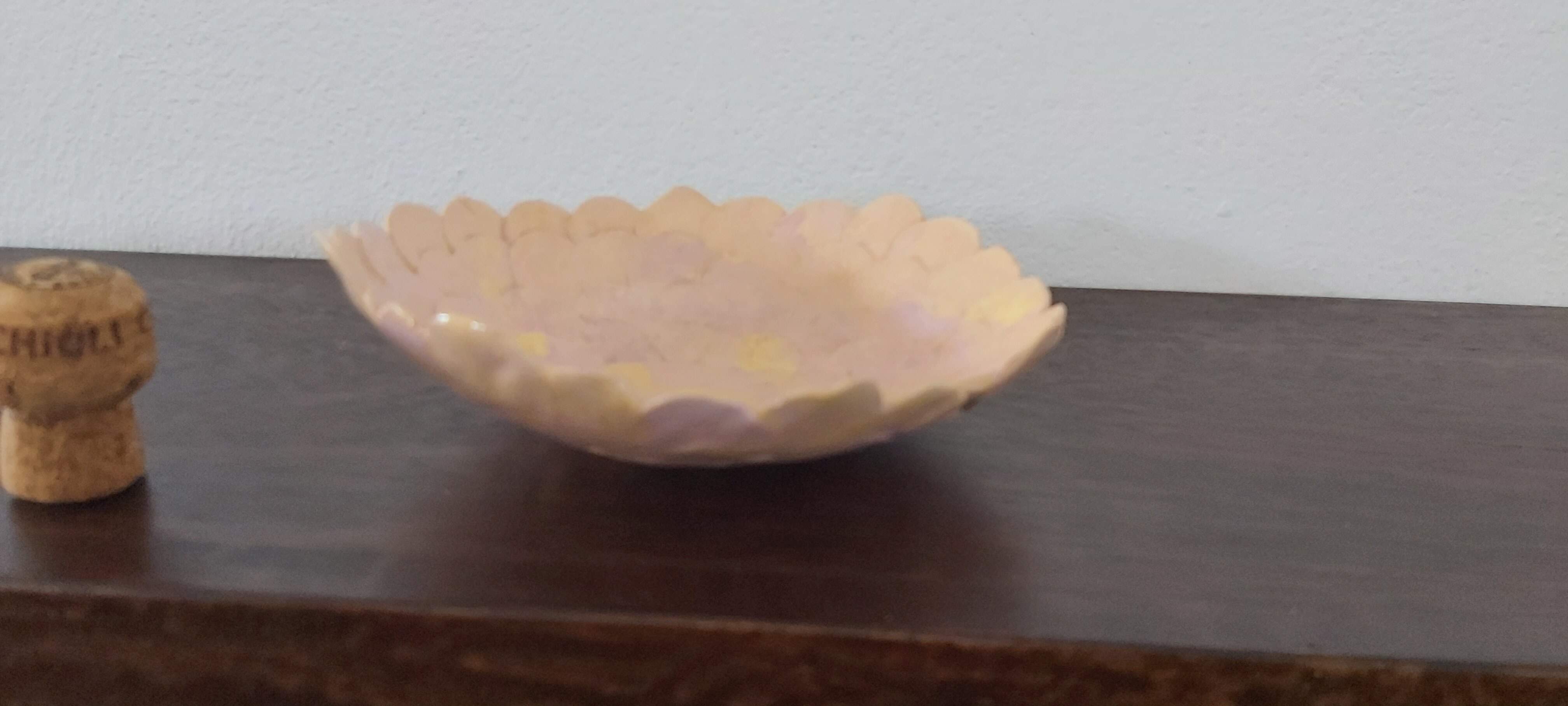 Coloured pink & yellow porcelain dish/bowl with clear glaze