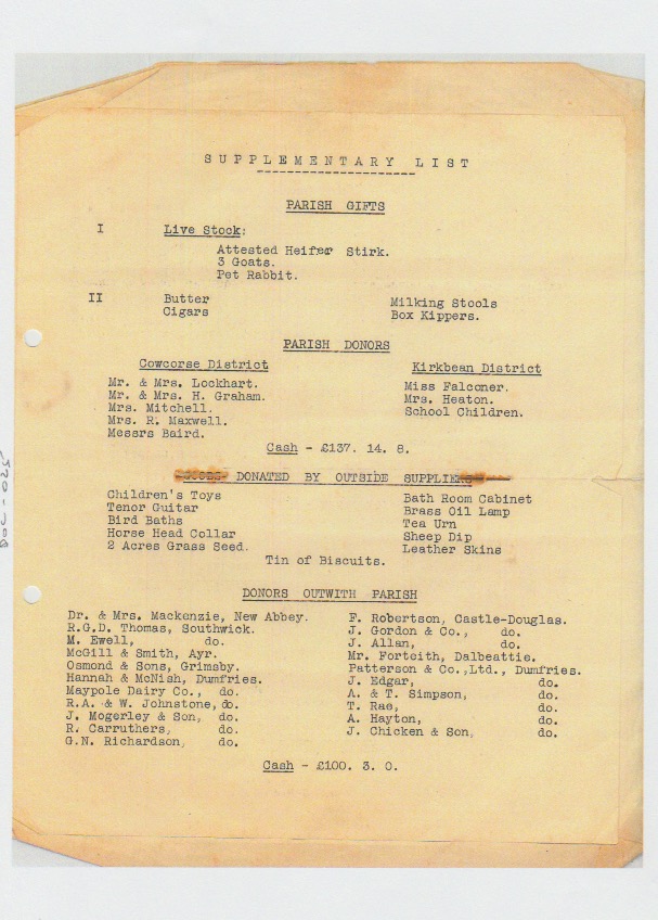 Programme for the Fete held at Cavens House, Kirkbean, on July 21st, 1945 in aid of the Kirkbean Community Centre, supplementary list