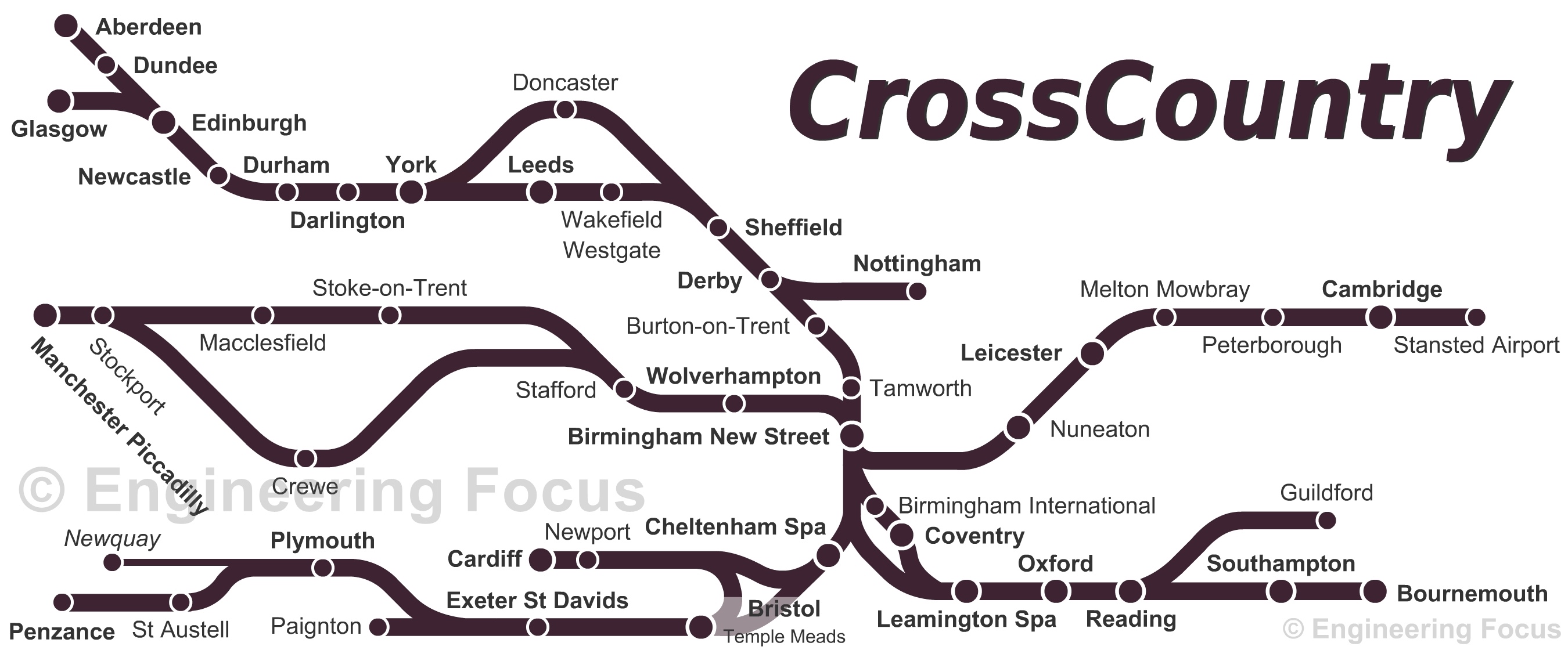 Stylised map of the Crosscountry routes, designed to fit on mugs