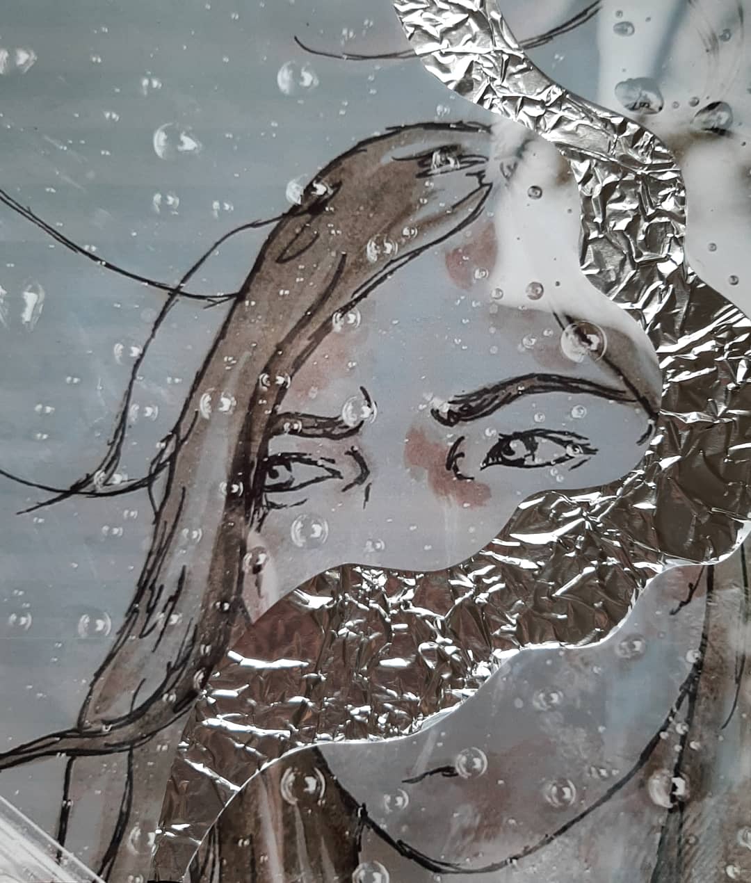 Watercolour & rain double exposure worked into with foil. (2020).