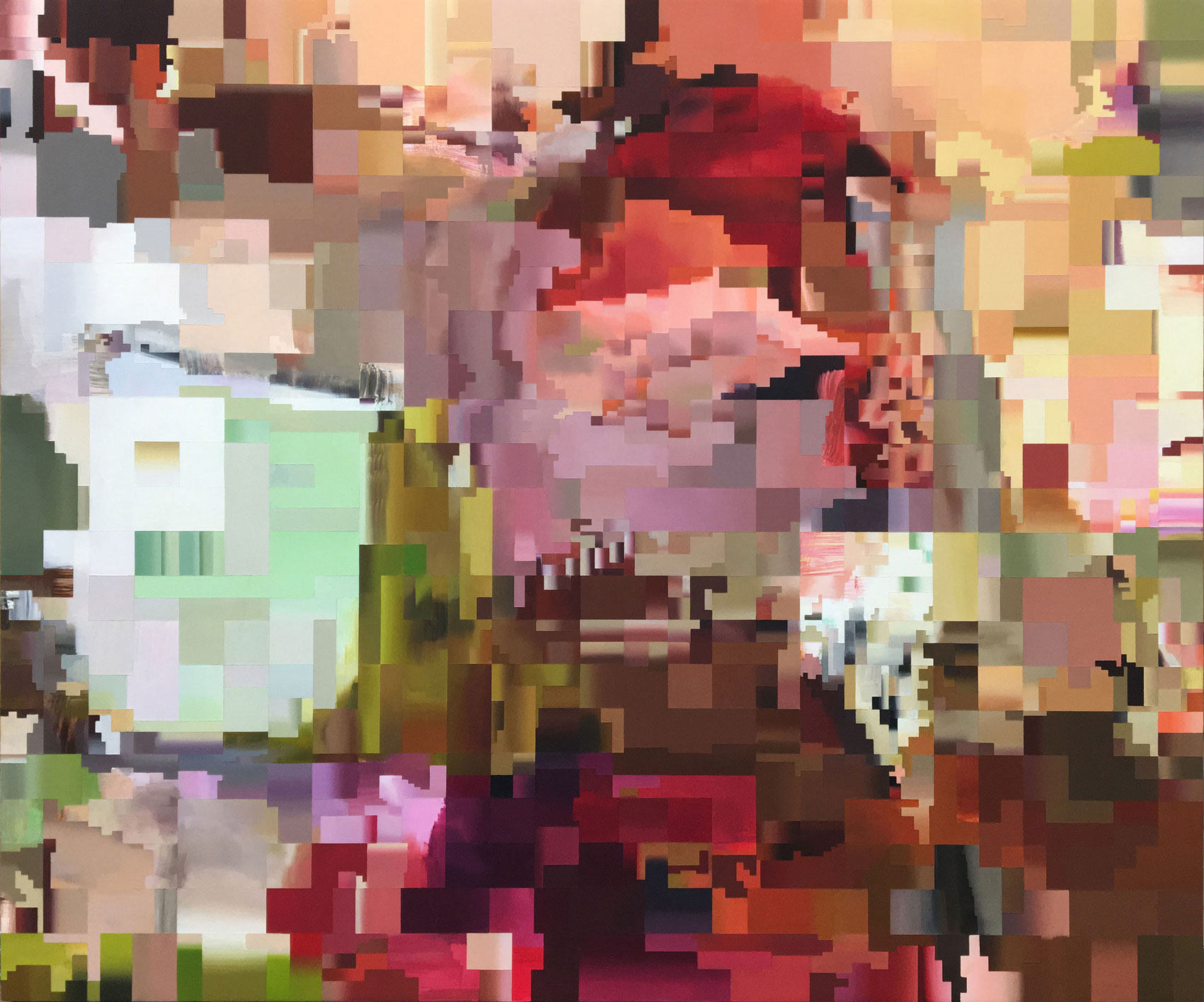 Oil painting by artist and painter Paul Lemmon in strong colours of brown, red and gold depicting a pixelated frame from a glitched digital video