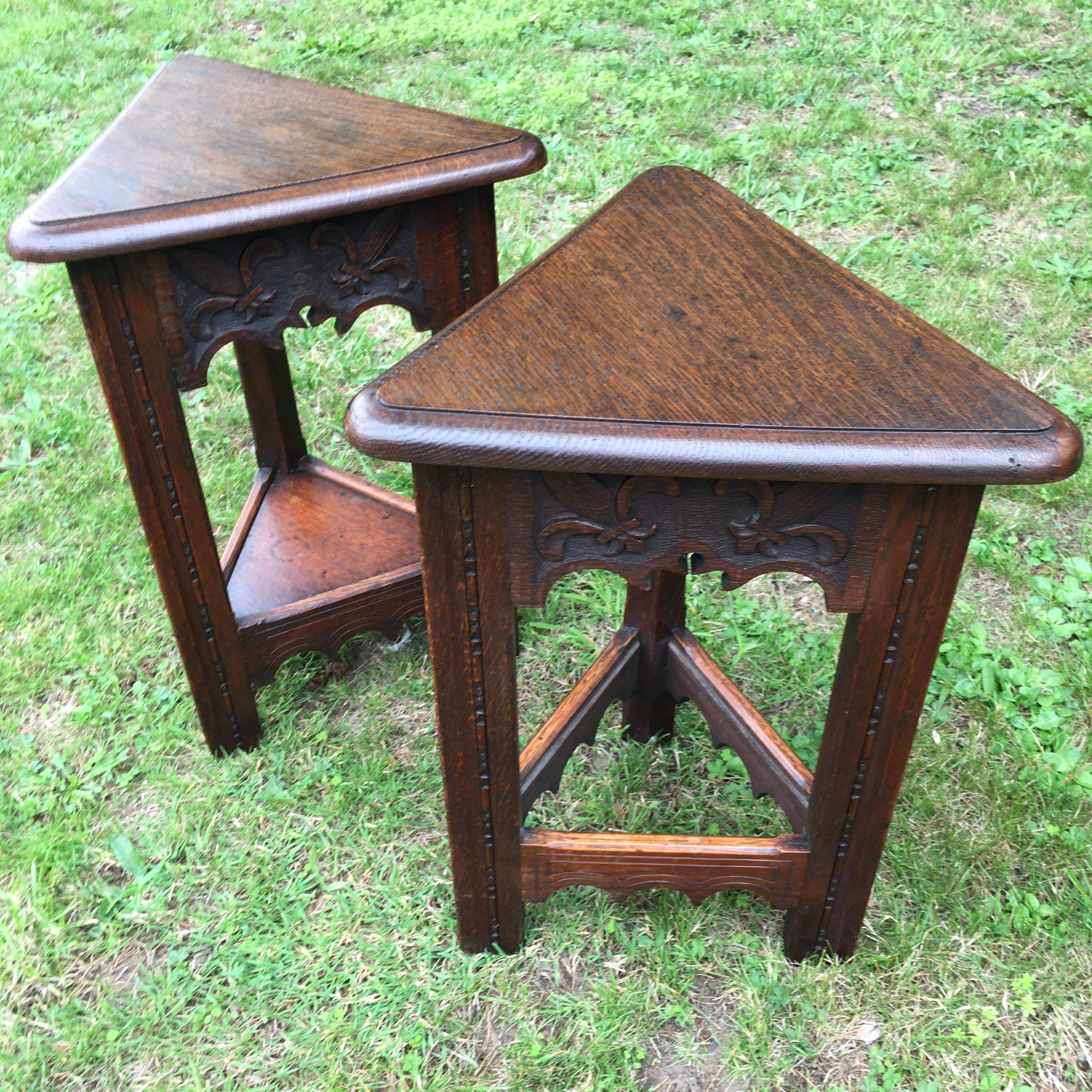 Pair of Unusual Oak Triangular Tables with Lift up tops. C1890