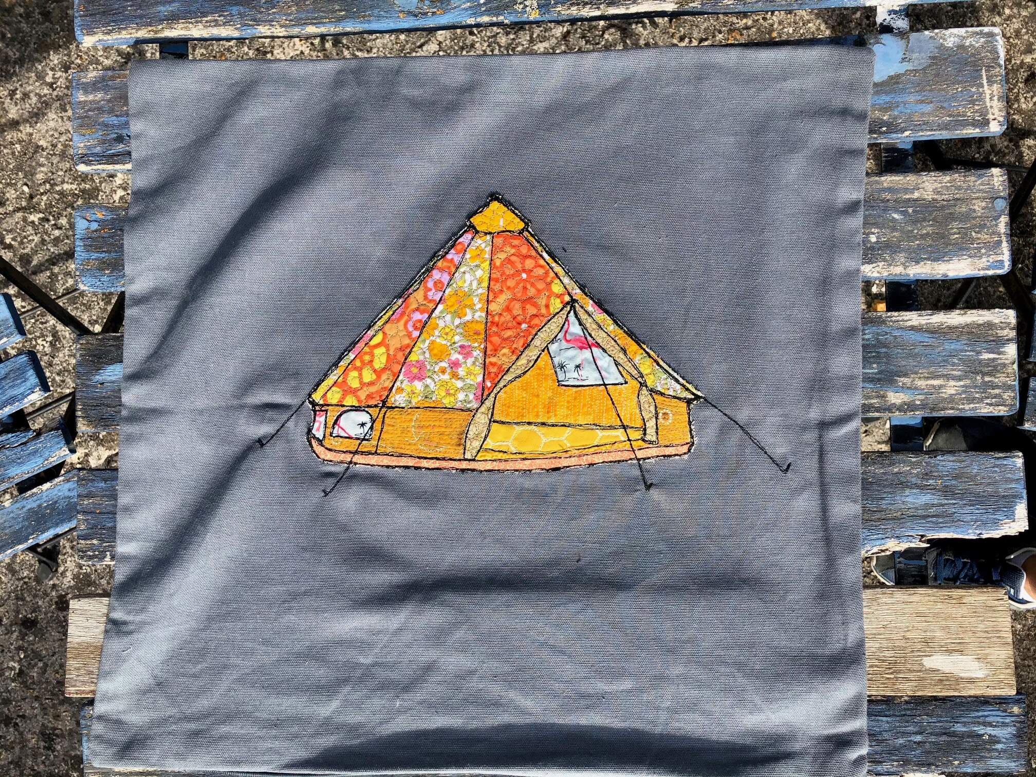 Bell Tent 
Hand embellished cushion cover using select fabrics and free motion embroidery.