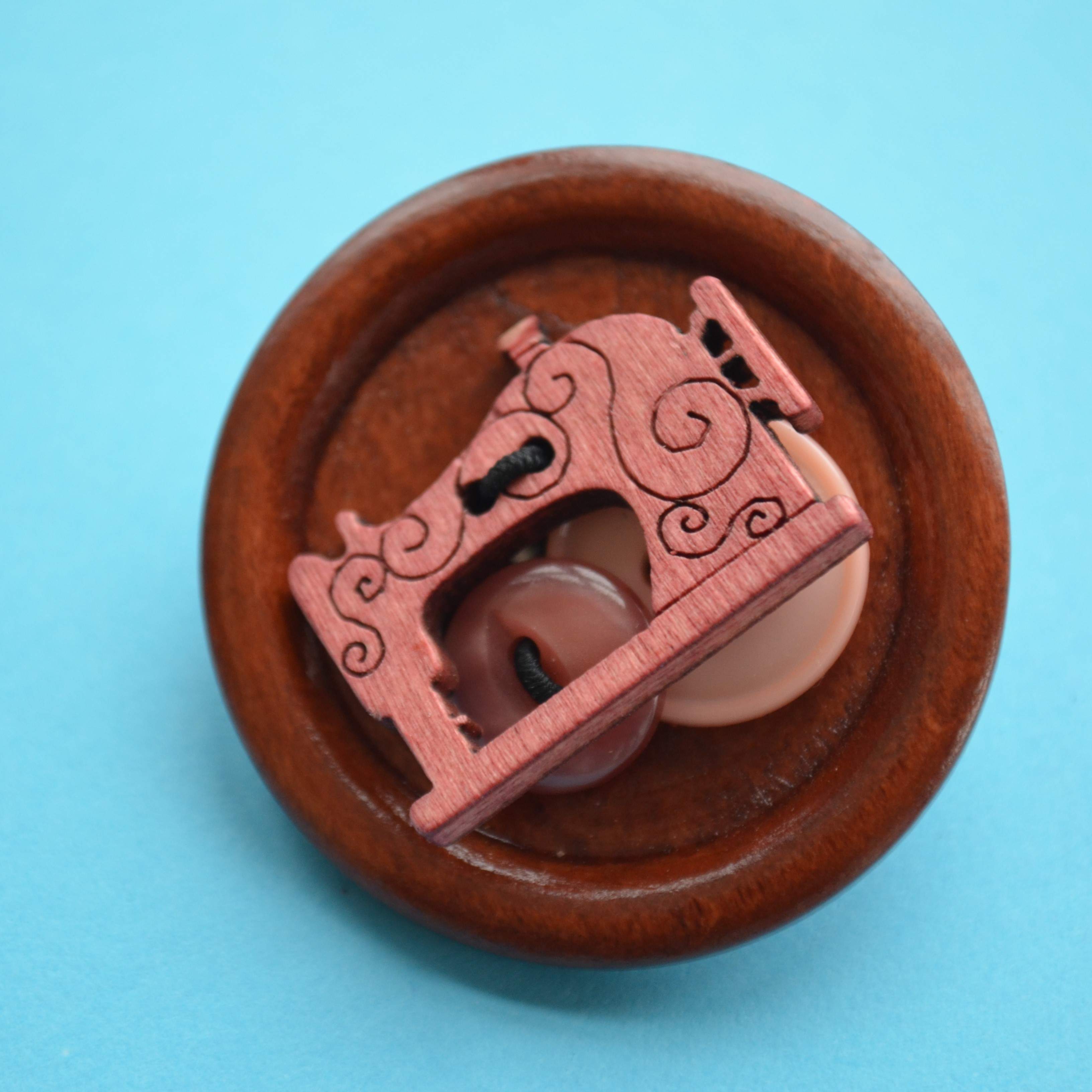 Sewing Machine Wooden Button Brooch