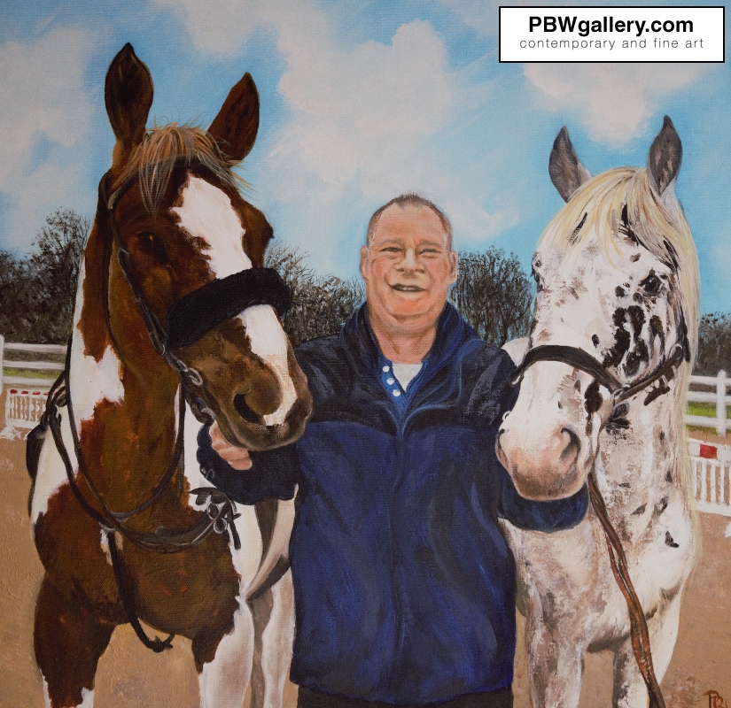A proud farmer painted with his two favourite horses