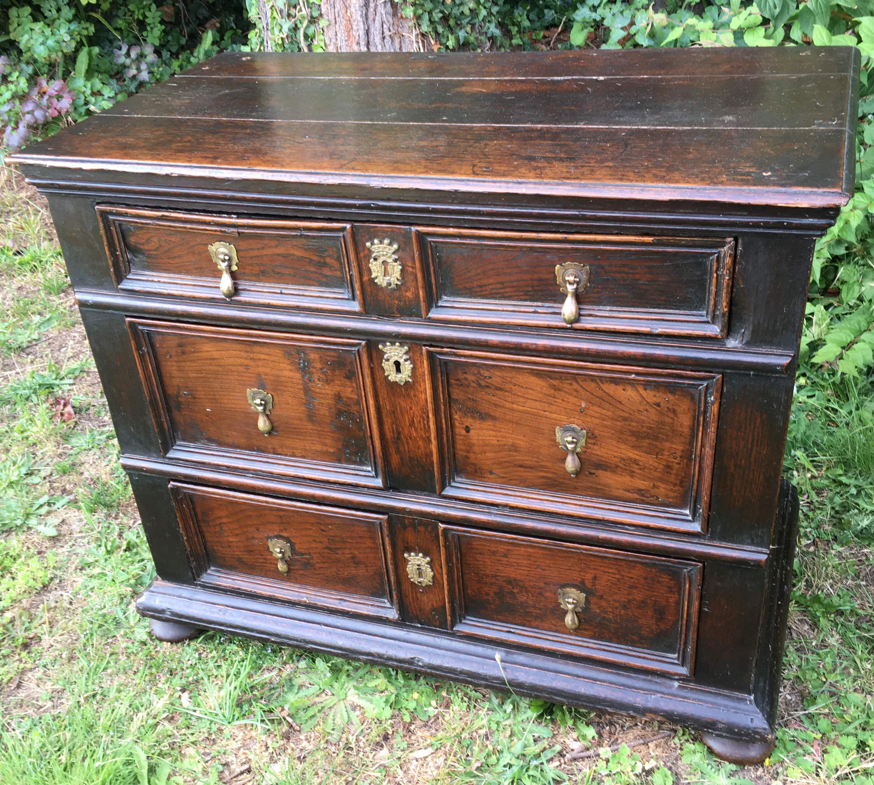 17th Century 37" Oak Chest of 3 Long Drawers