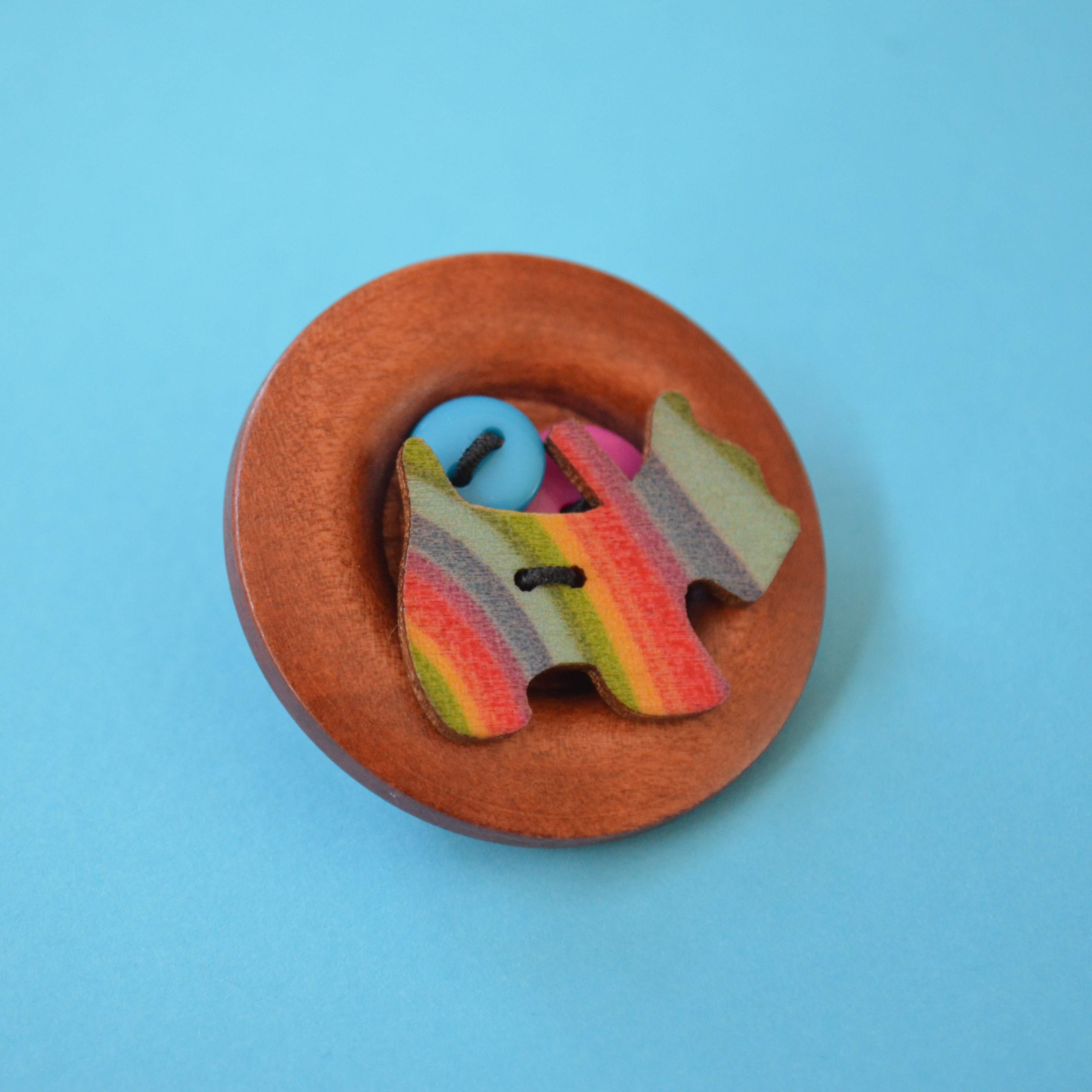 Patterned Dog Wooden Button Brooch
