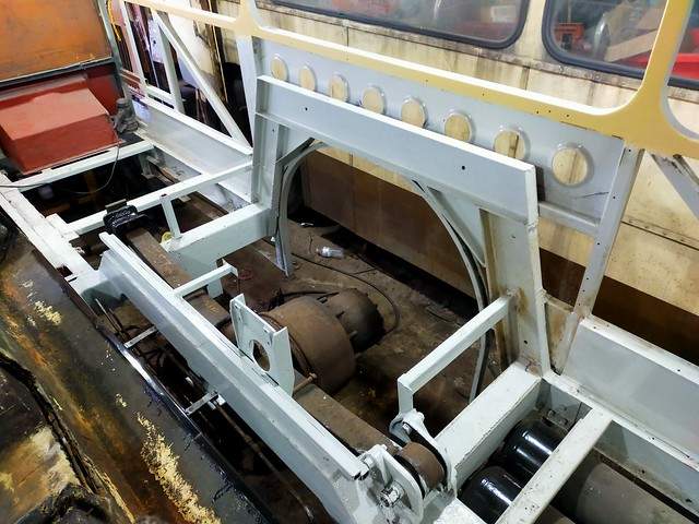 Showing the extensive work completed on the near side frames and chassis.