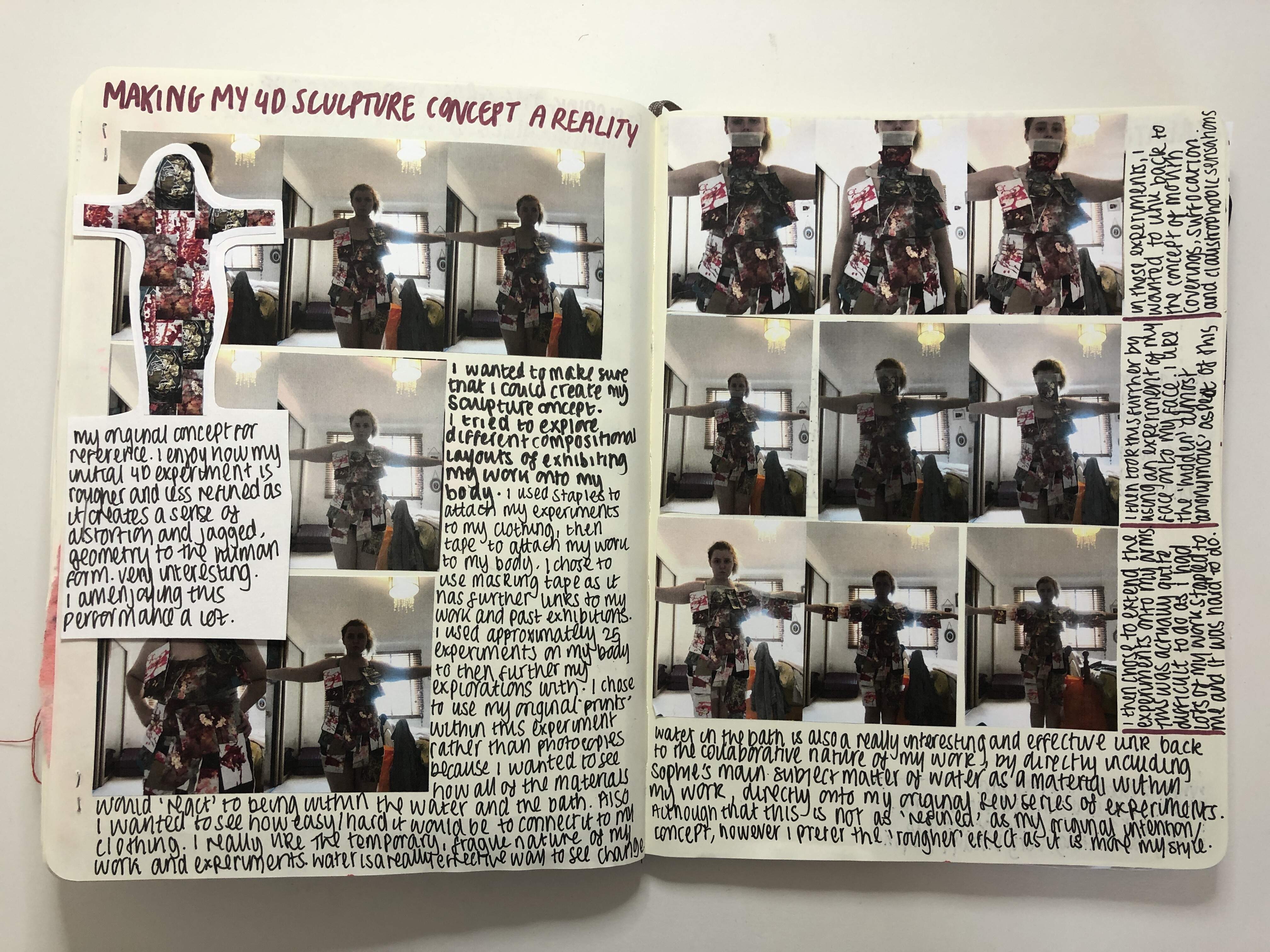 A sketchbook page depicting the documentation of my performance piece Narrative