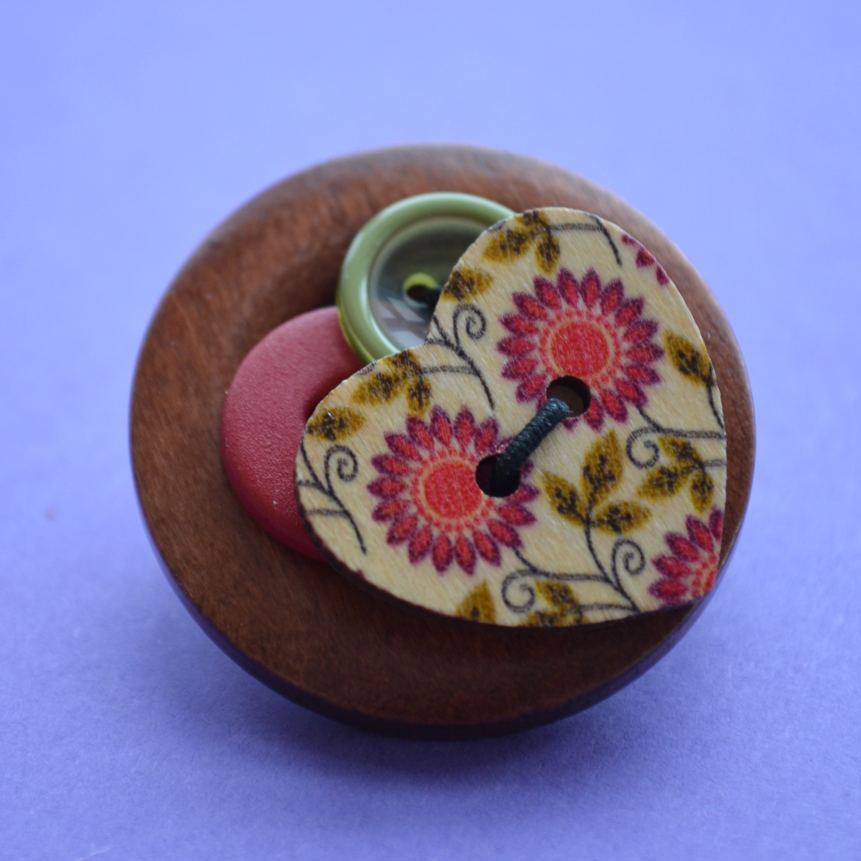 Heart Wooden Button Brooch