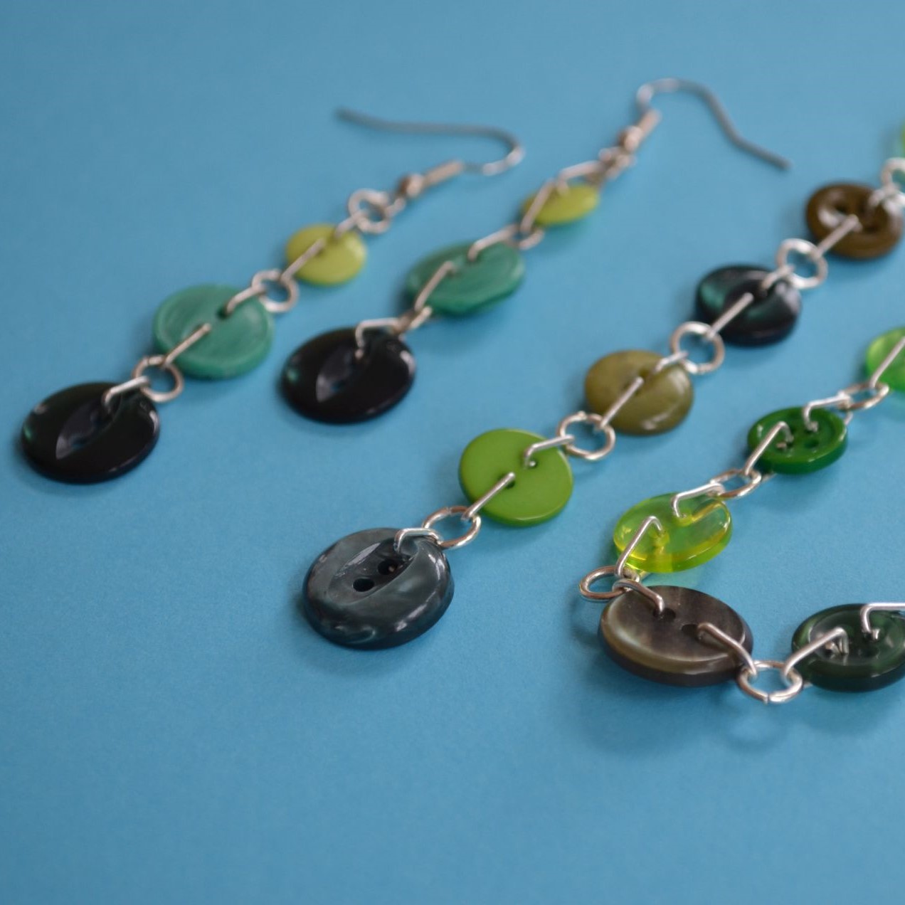 Green Button Chain Drop Earrings