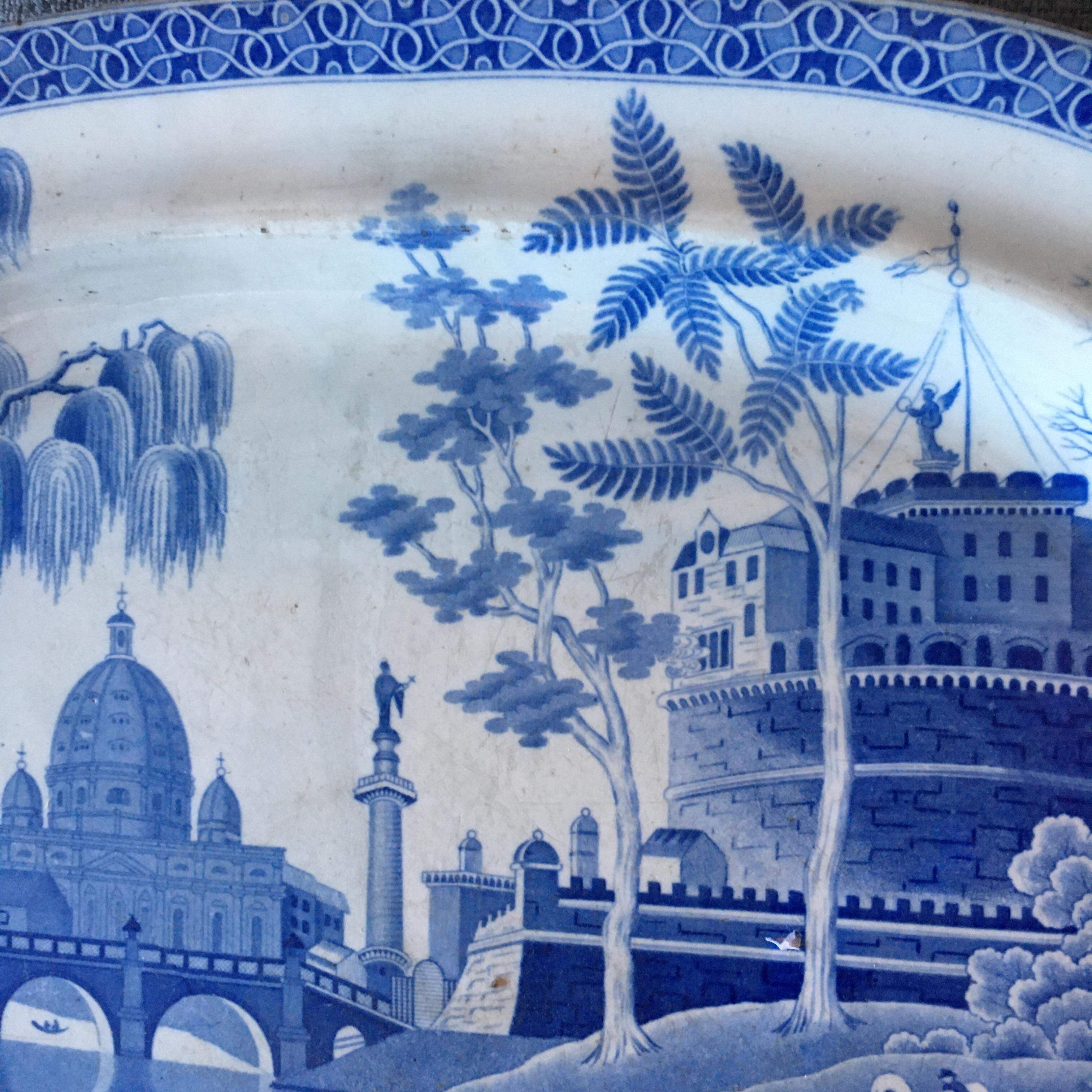 Spode Tiber Pattern Large Blue and White Meat Plate c1820