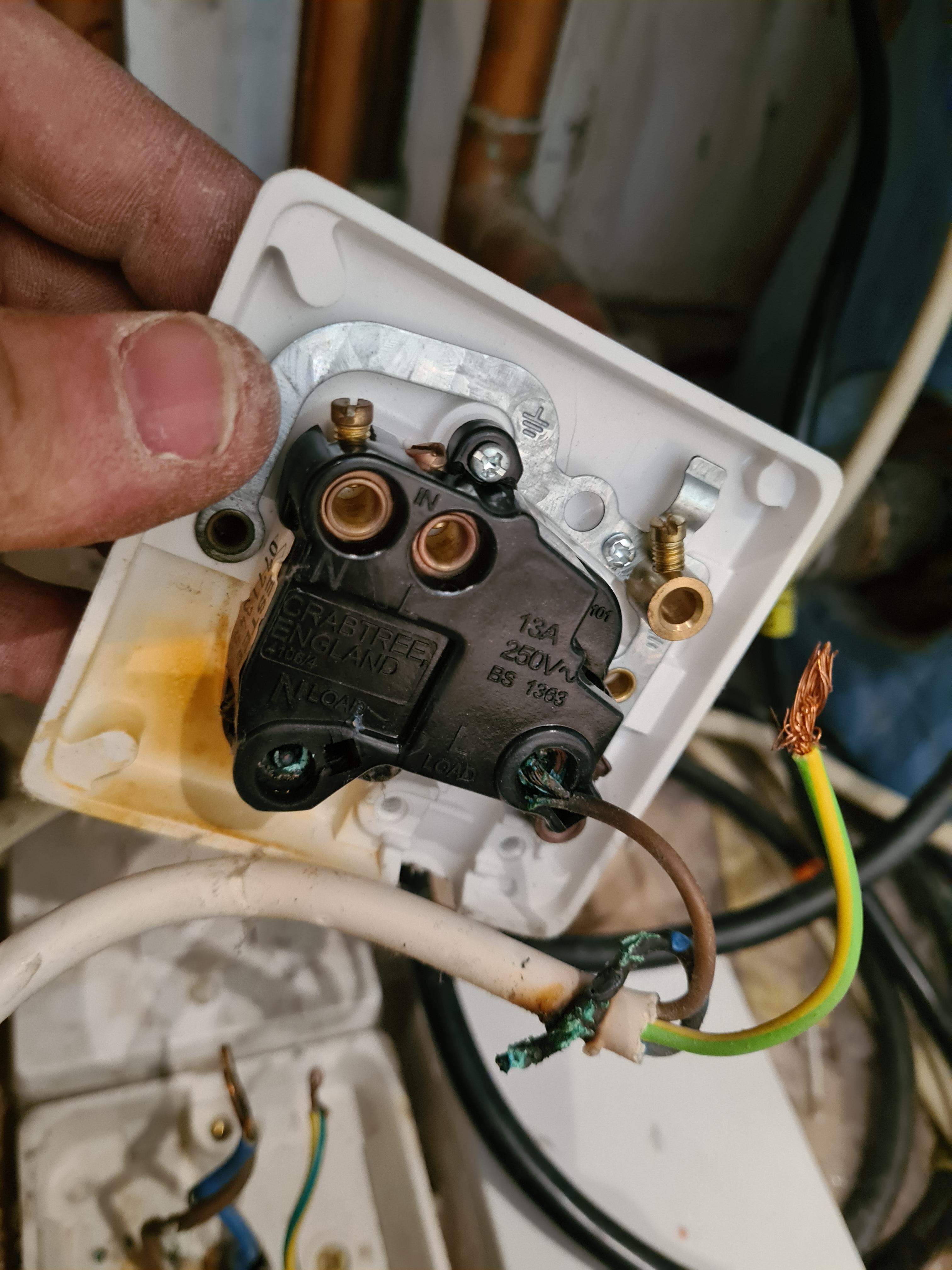 Open circuit damage to neutral on fused connection unit to immersion heater.