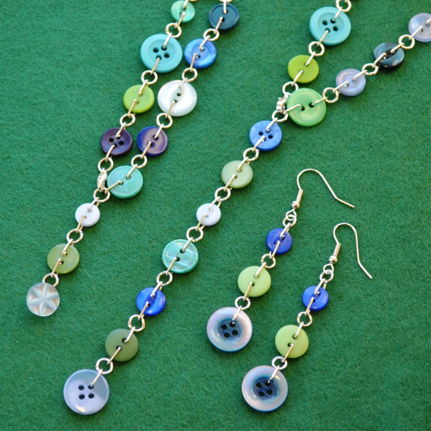 Green & Blue Button Chain Drop Earrings