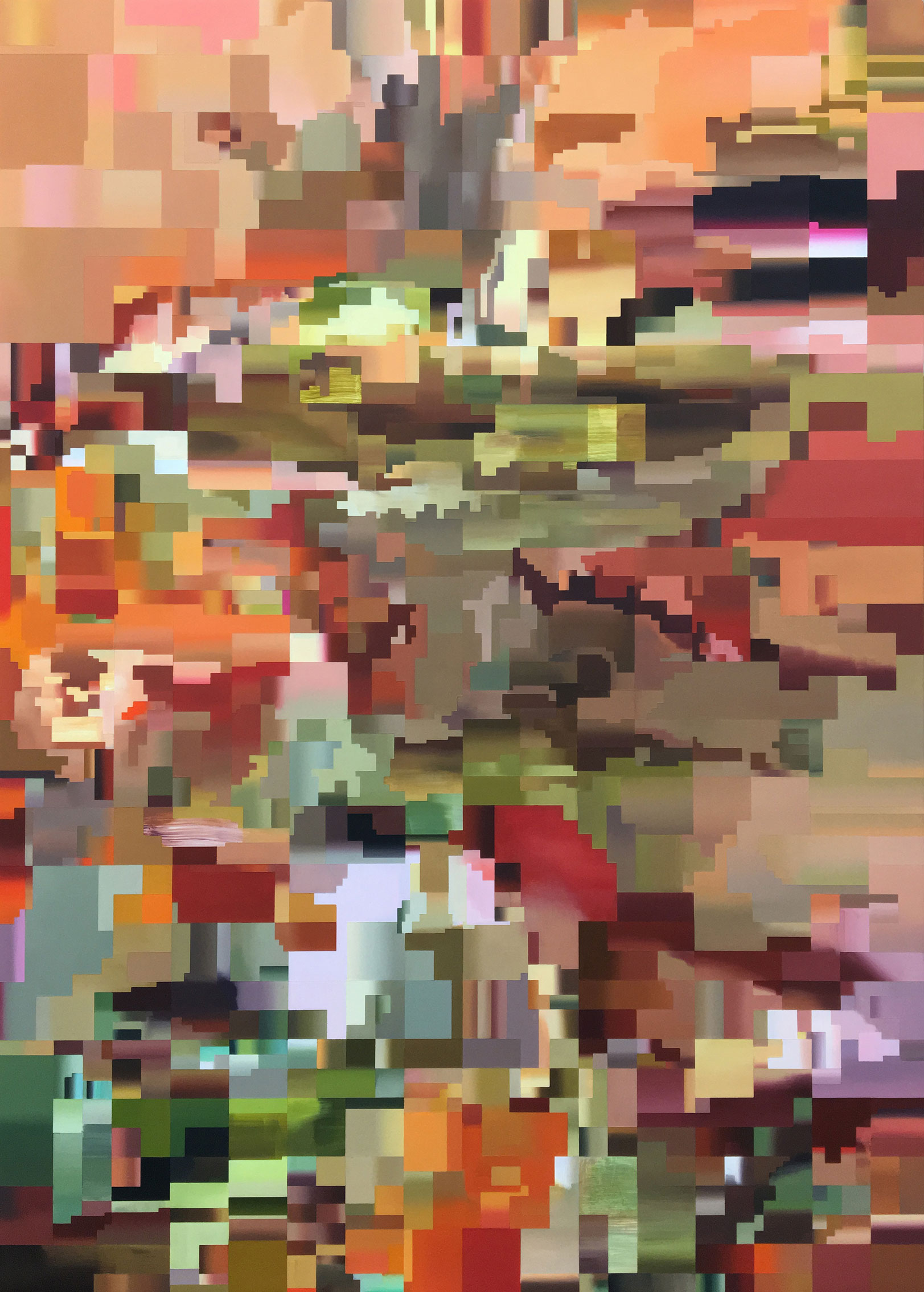 Oil painting by artist and painter Paul Lemmon in muted colours of olive, brown and gold depicting a pixelated frame from a glitched digital video